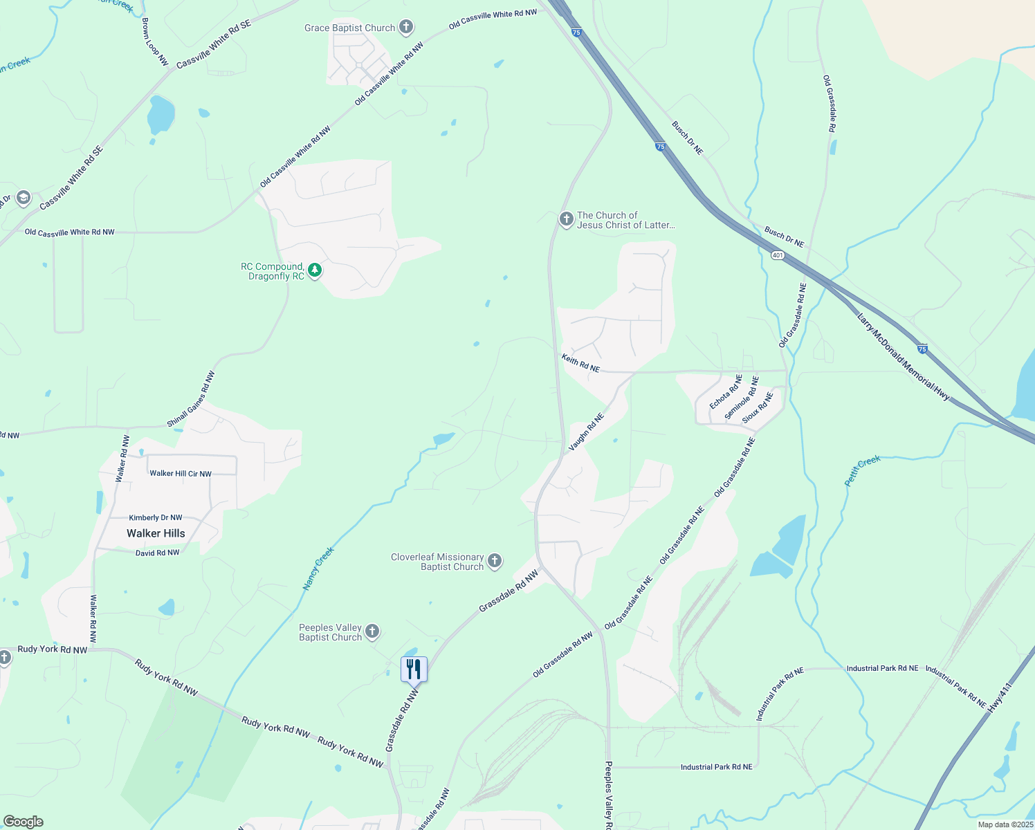 map of restaurants, bars, coffee shops, grocery stores, and more near 13 Oakside Court in Cartersville
