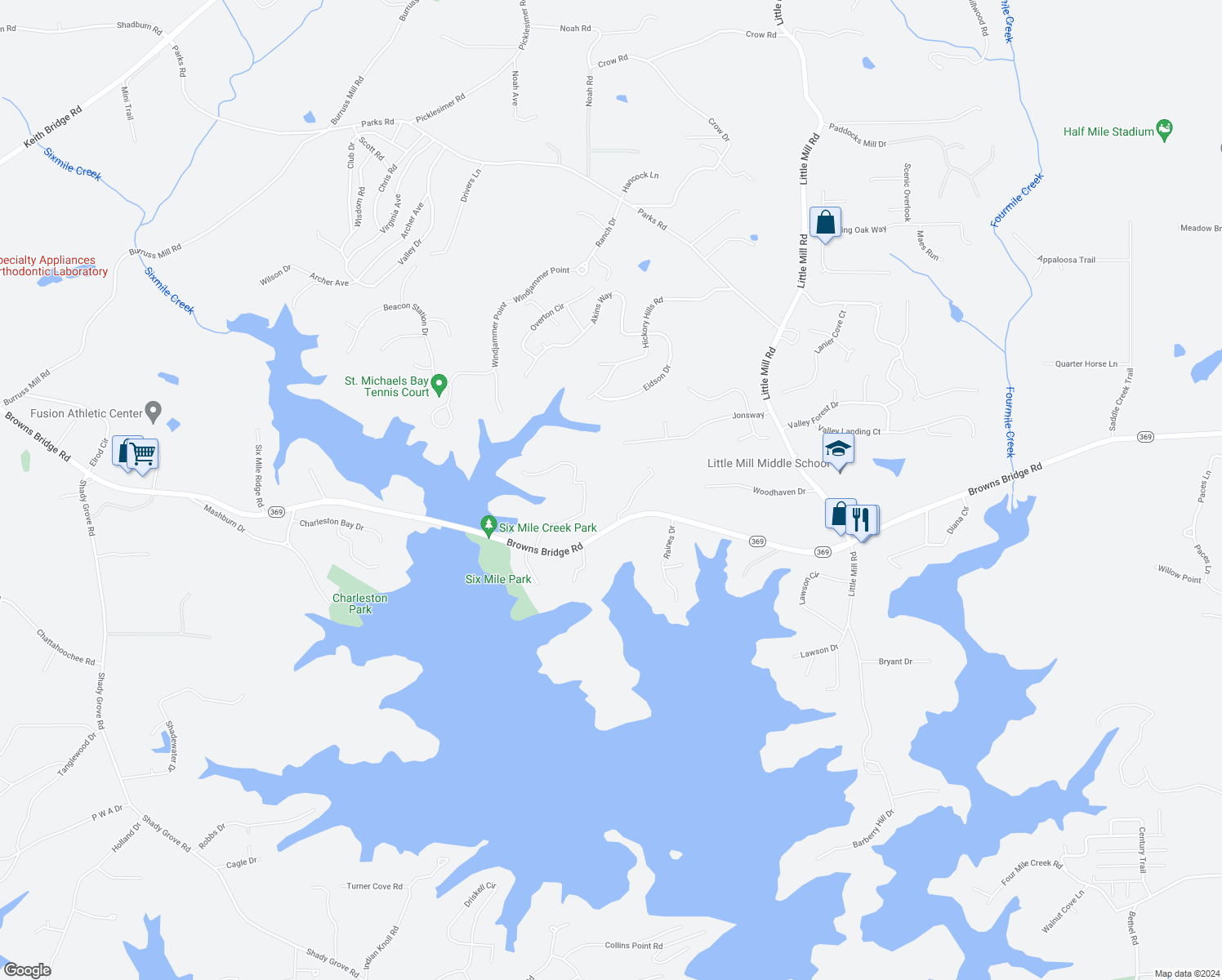 map of restaurants, bars, coffee shops, grocery stores, and more near 6255 Browns Bridge Road in Cumming