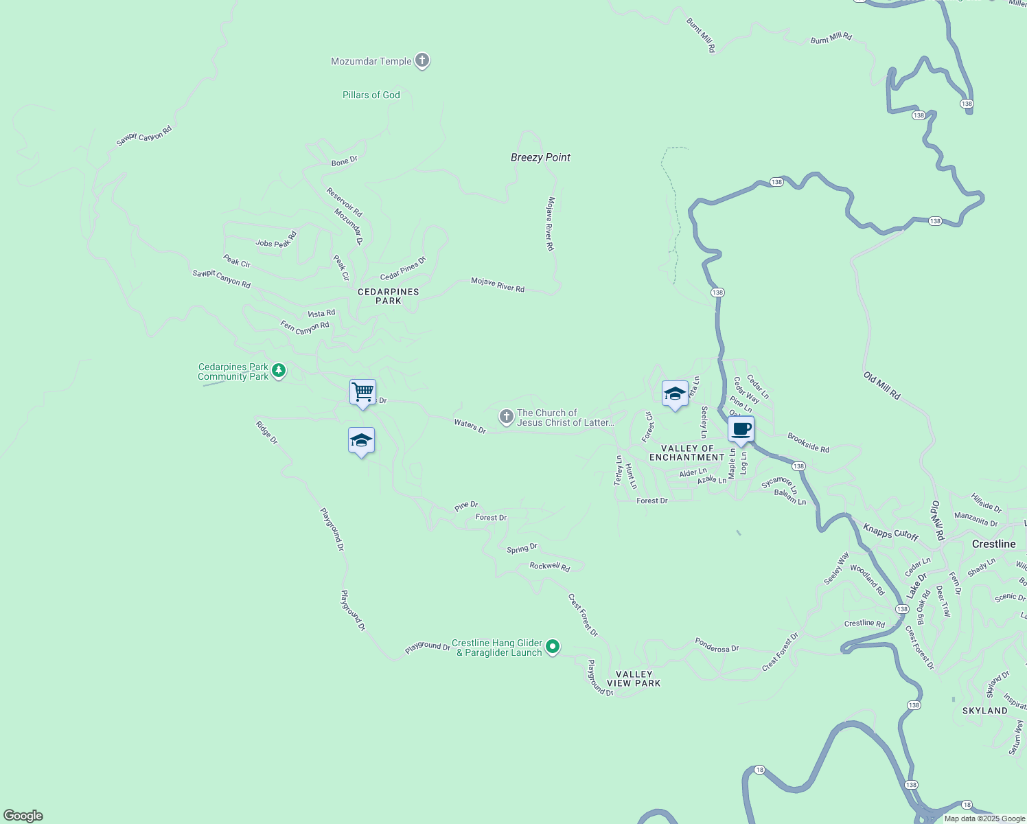 map of restaurants, bars, coffee shops, grocery stores, and more near 22348 Glenwood Drive in Crestline