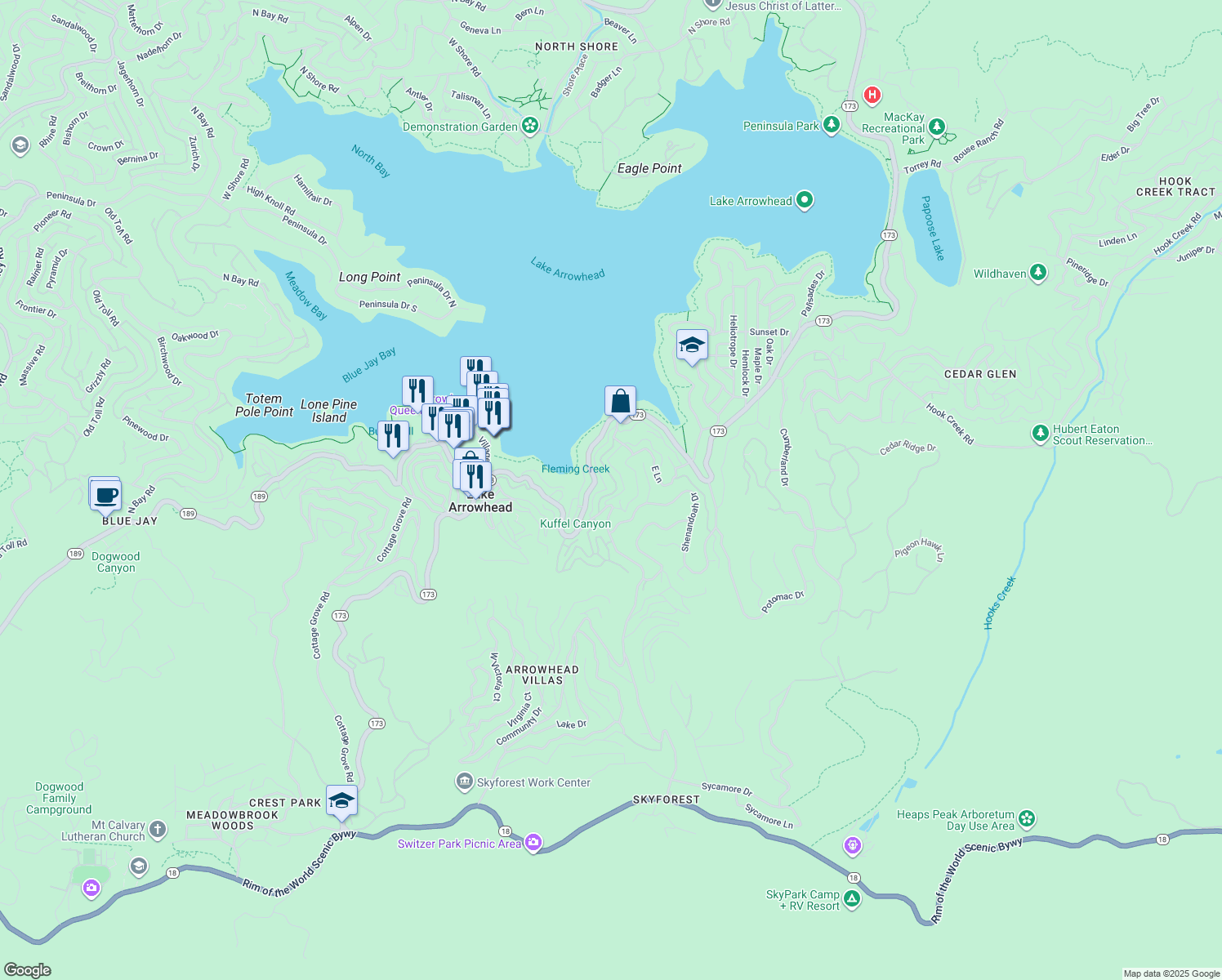 map of restaurants, bars, coffee shops, grocery stores, and more near 256 B Lane in Lake Arrowhead