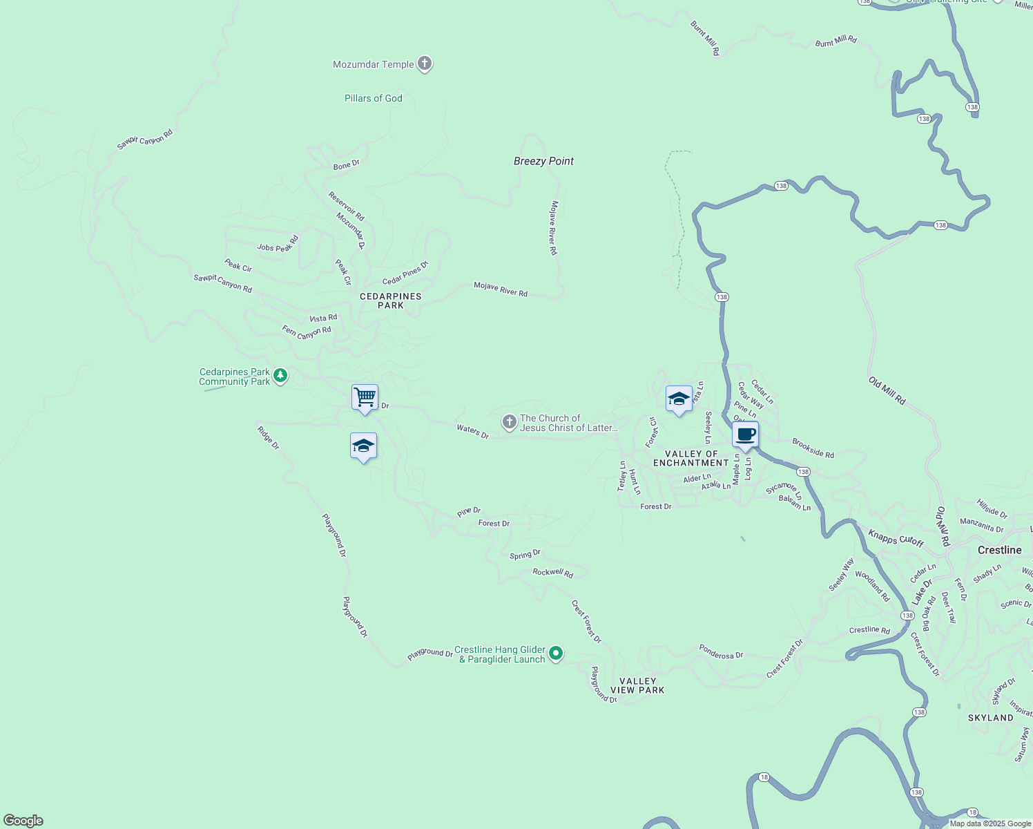 map of restaurants, bars, coffee shops, grocery stores, and more near 22348 Glenwood Drive in Crestline