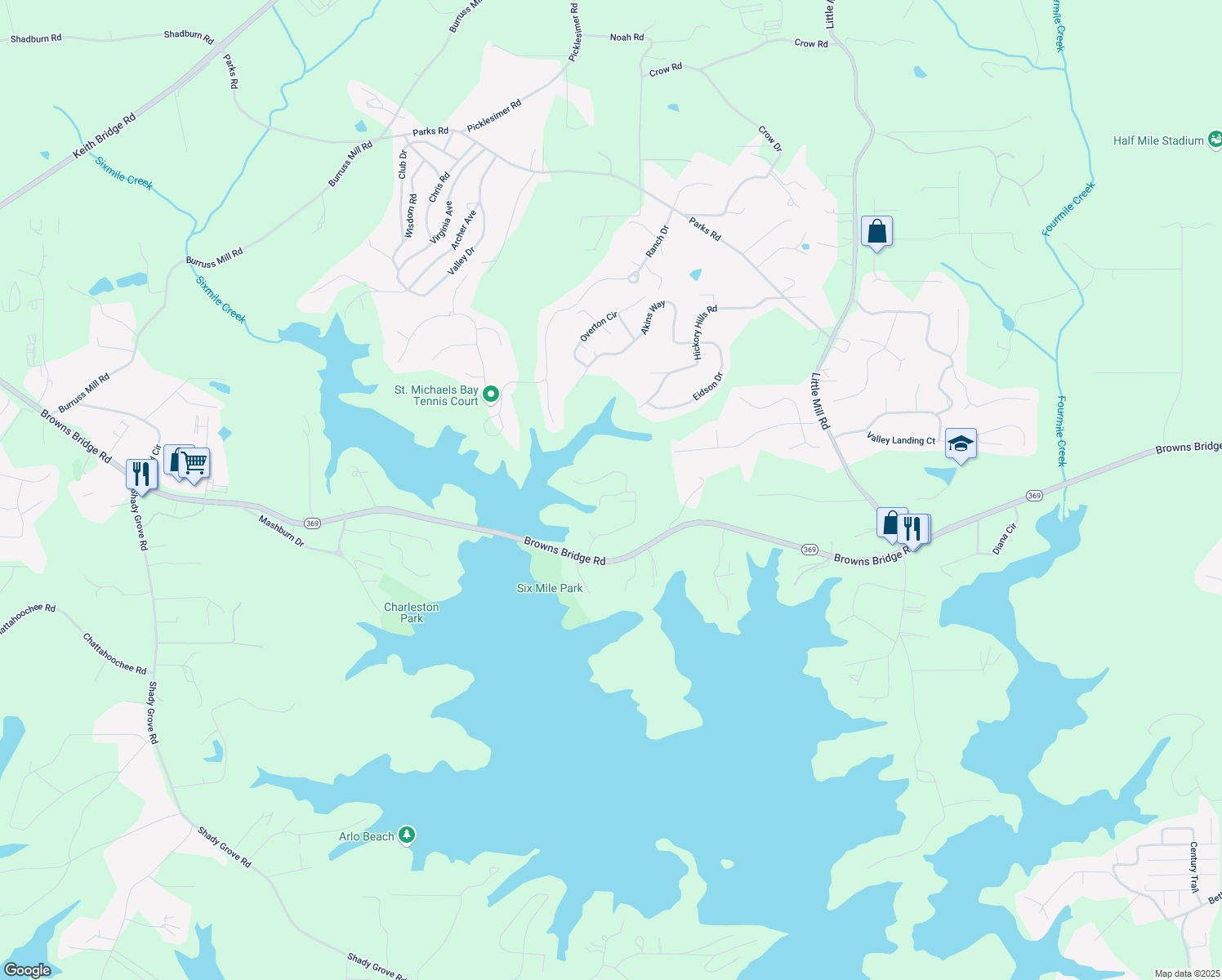 map of restaurants, bars, coffee shops, grocery stores, and more near 6265 Reives Road in Cumming