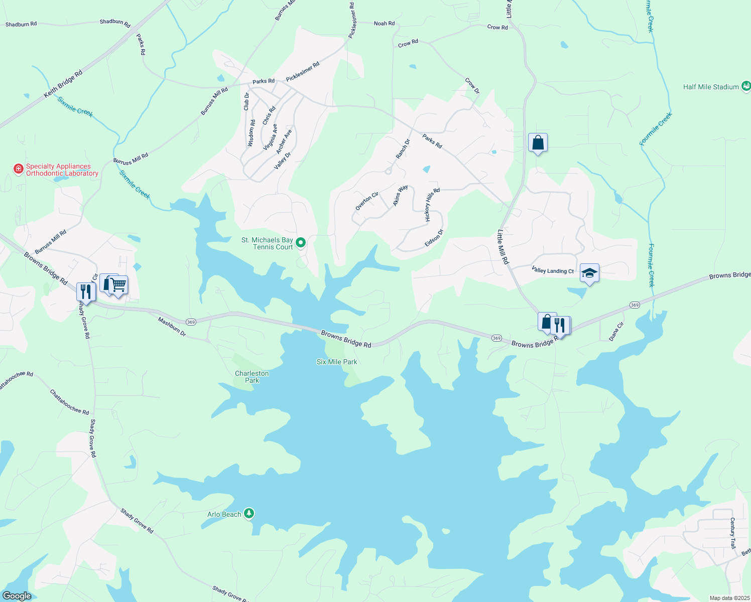 map of restaurants, bars, coffee shops, grocery stores, and more near 6265 Reives Road in Cumming