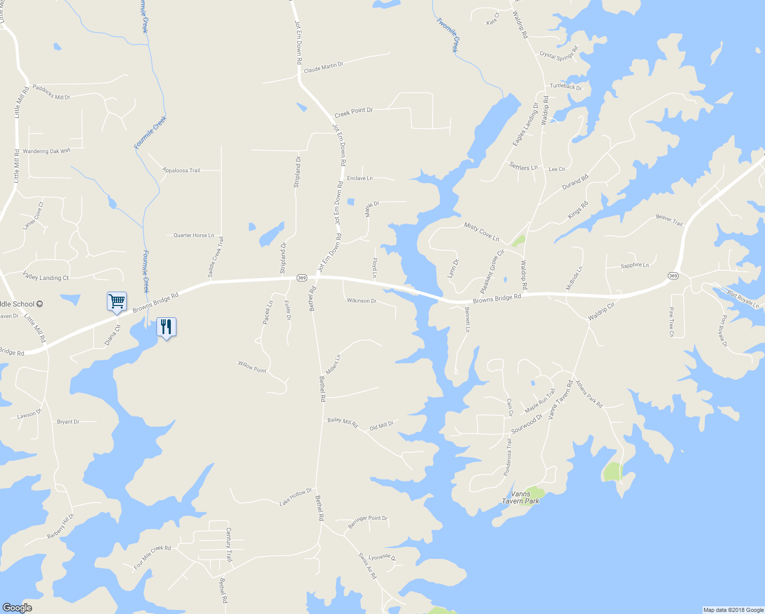 map of restaurants, bars, coffee shops, grocery stores, and more near 7850 Wilkinson Drive in Gainesville