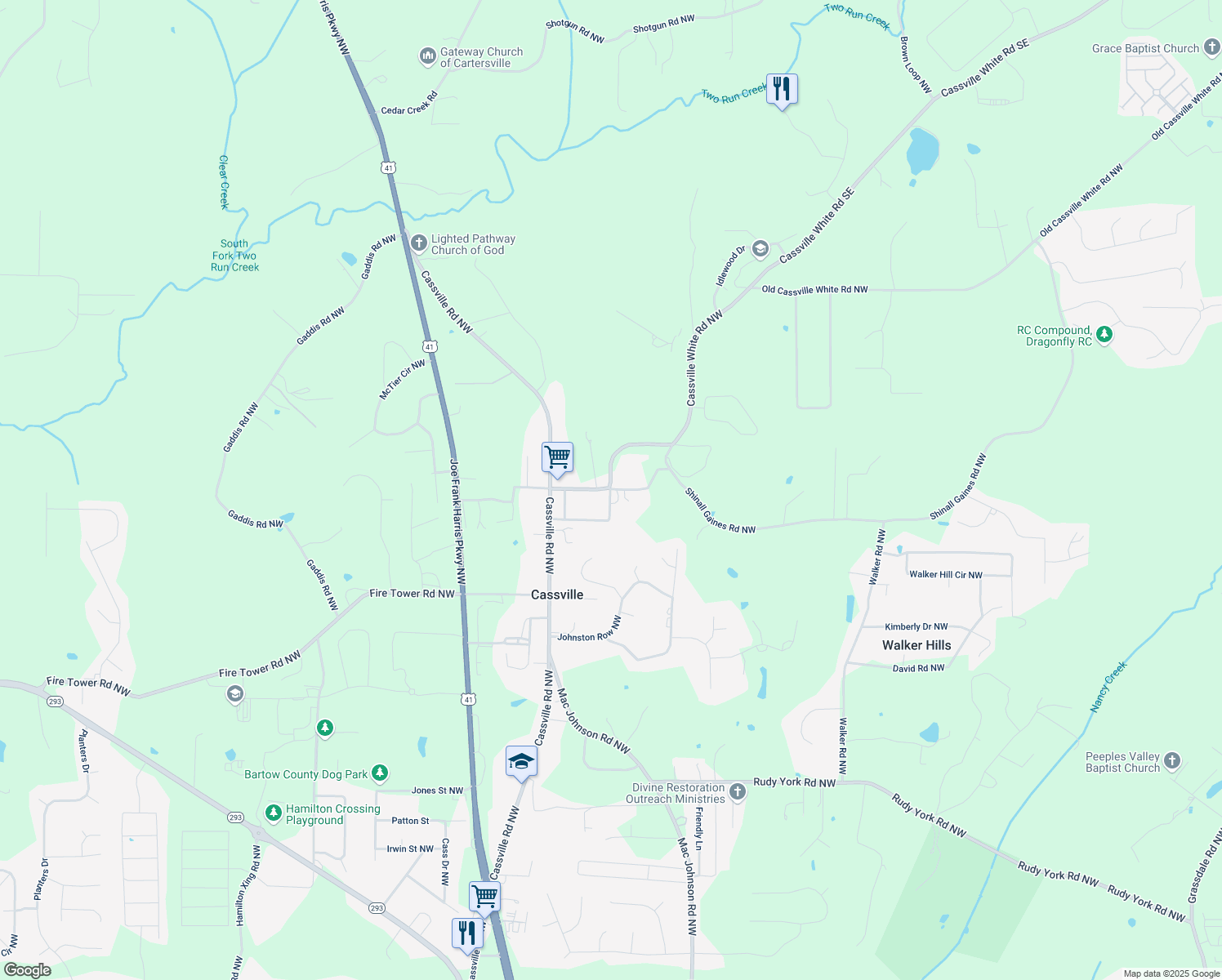 map of restaurants, bars, coffee shops, grocery stores, and more near Cass White Rd NW in Cartersville