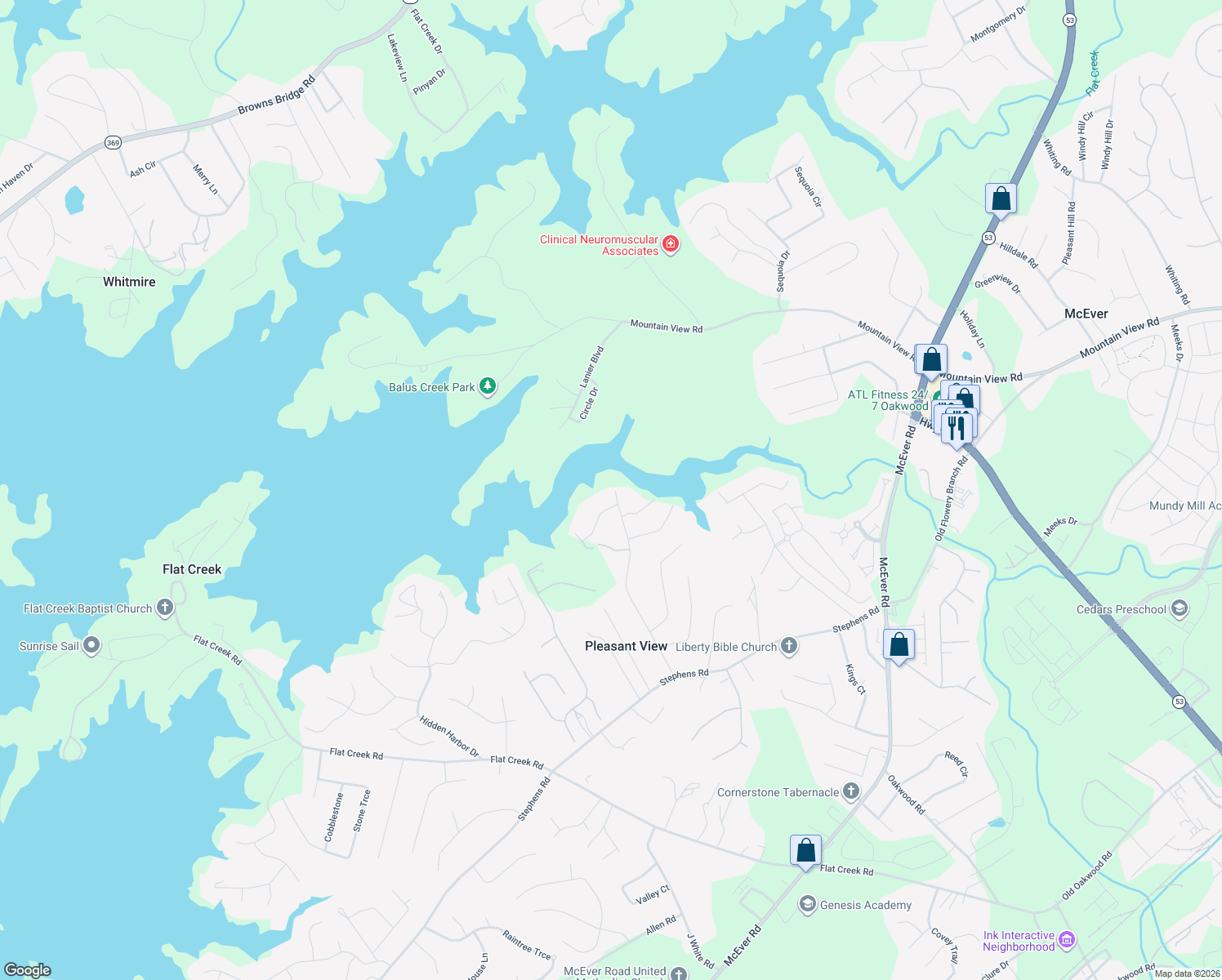 map of restaurants, bars, coffee shops, grocery stores, and more near 5213 Whites Mill Road in Gainesville