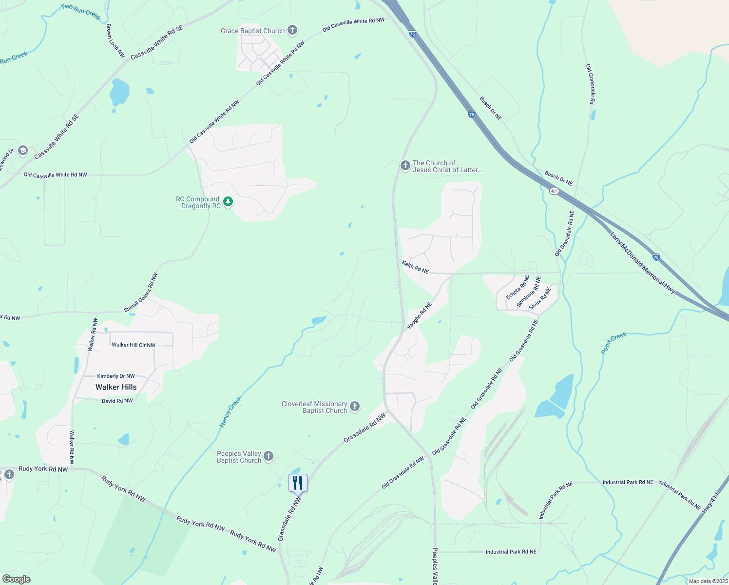 map of restaurants, bars, coffee shops, grocery stores, and more near 23 Knollwood Way in Cartersville