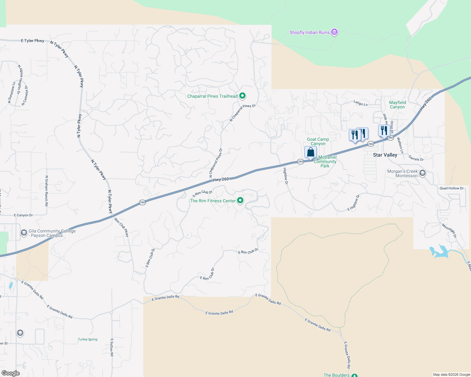 map of restaurants, bars, coffee shops, grocery stores, and more near 110 South Rim Club Drive in Payson