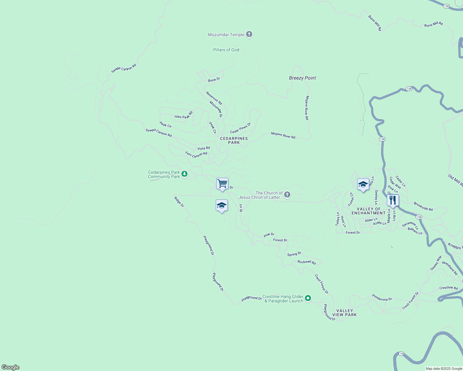 map of restaurants, bars, coffee shops, grocery stores, and more near 21978 Waters Drive in Crestline
