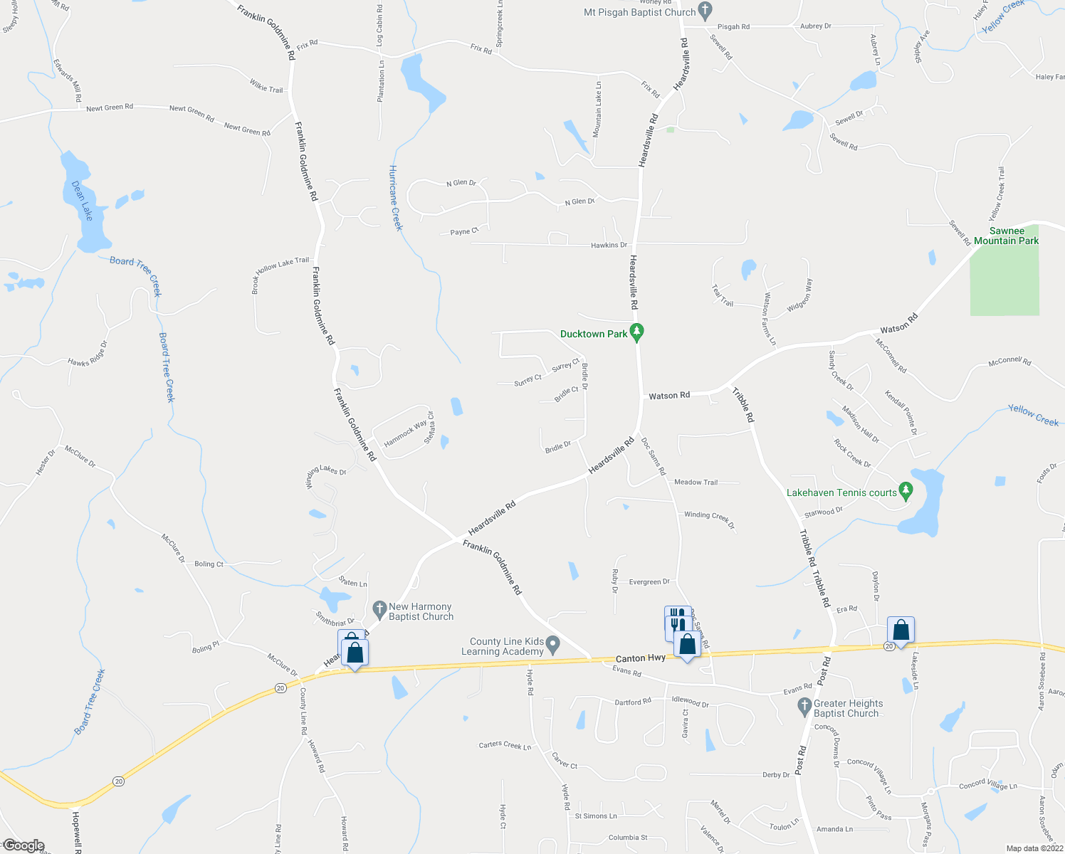 map of restaurants, bars, coffee shops, grocery stores, and more near 5410 Bridle Drive in Cumming