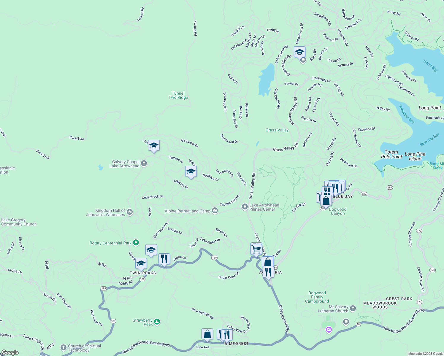 map of restaurants, bars, coffee shops, grocery stores, and more near 26504 Spyglass Drive in Lake Arrowhead