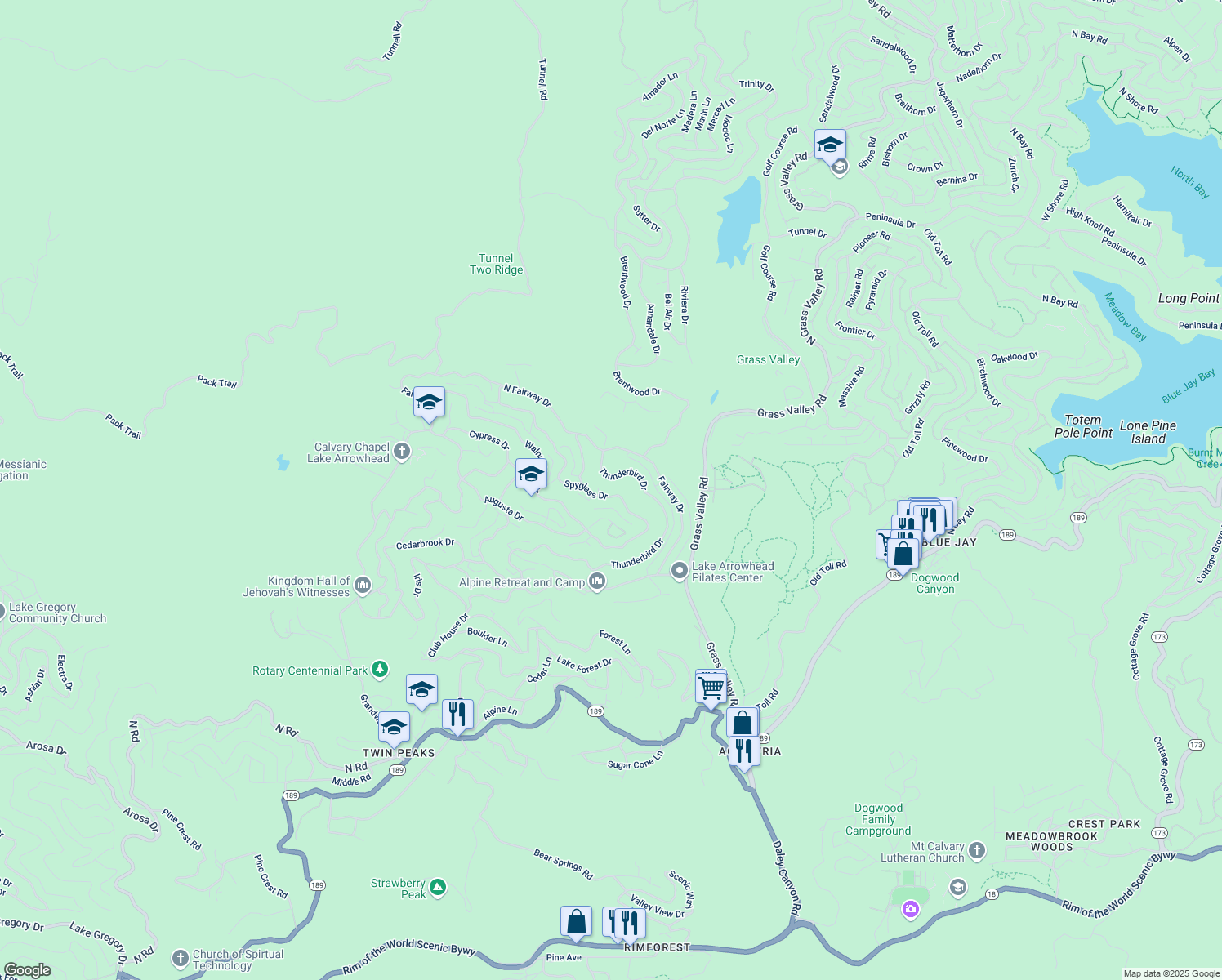 map of restaurants, bars, coffee shops, grocery stores, and more near 26504 Spyglass Drive in Lake Arrowhead