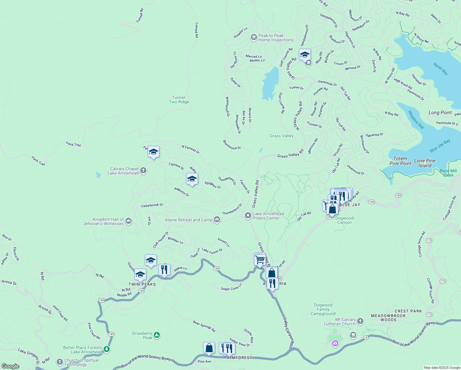 map of restaurants, bars, coffee shops, grocery stores, and more near 26522 Thunderbird Drive in Lake Arrowhead