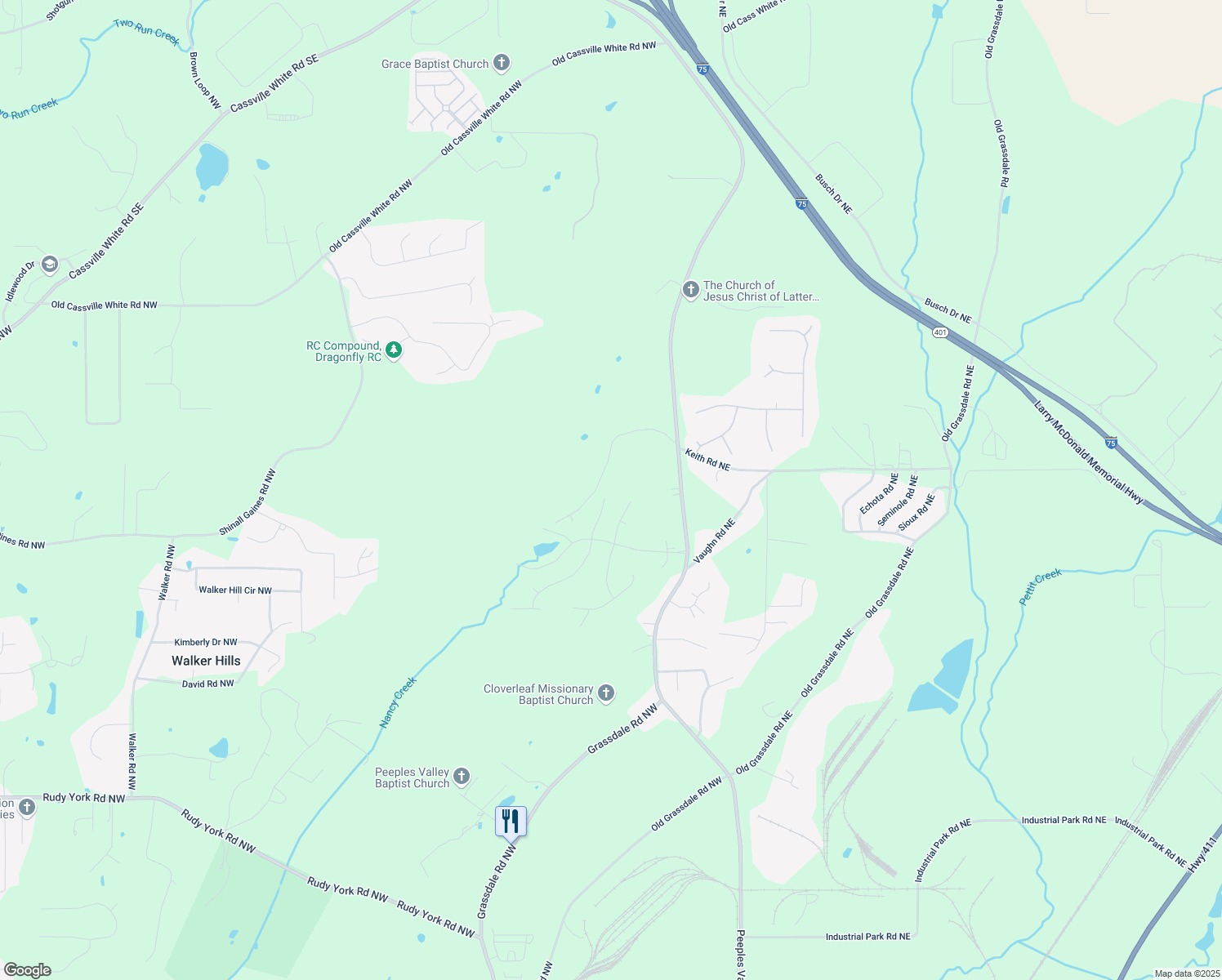map of restaurants, bars, coffee shops, grocery stores, and more near 29 Laurelwood Lane in Cartersville