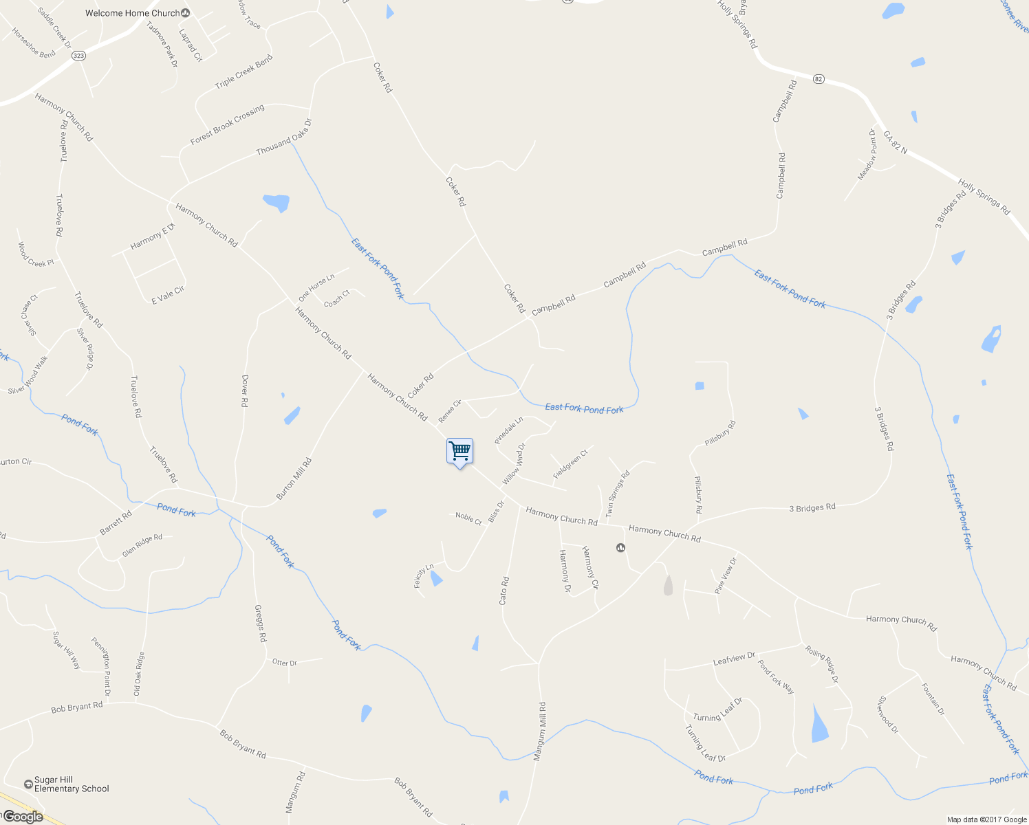 map of restaurants, bars, coffee shops, grocery stores, and more near 3950 Pinedale Lane in Gainesville