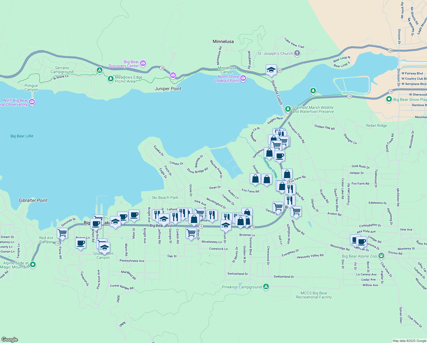 map of restaurants, bars, coffee shops, grocery stores, and more near 113 Meadow View Drive in Big Bear Lake