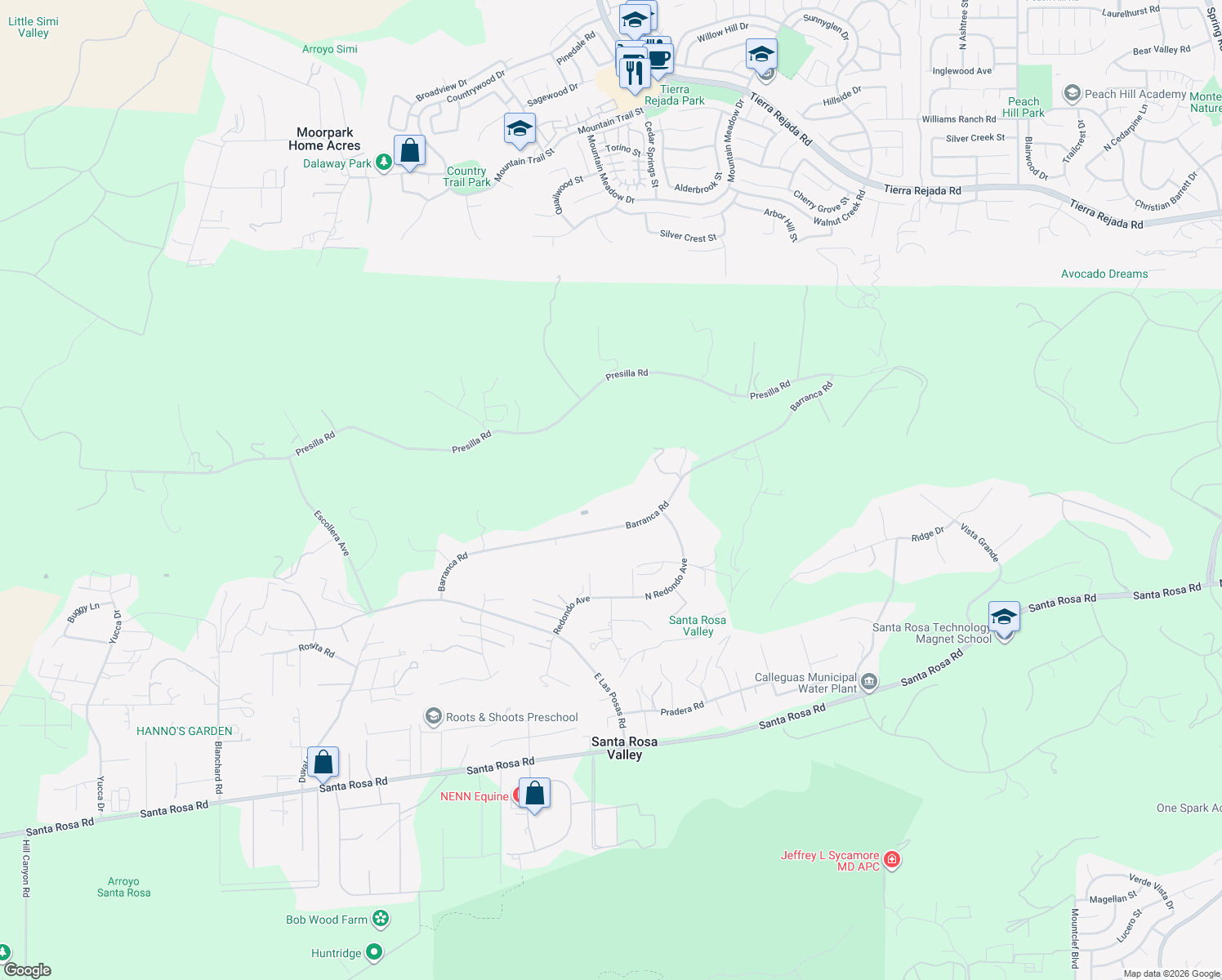 map of restaurants, bars, coffee shops, grocery stores, and more near 11755 Barranca Road in Ventura County