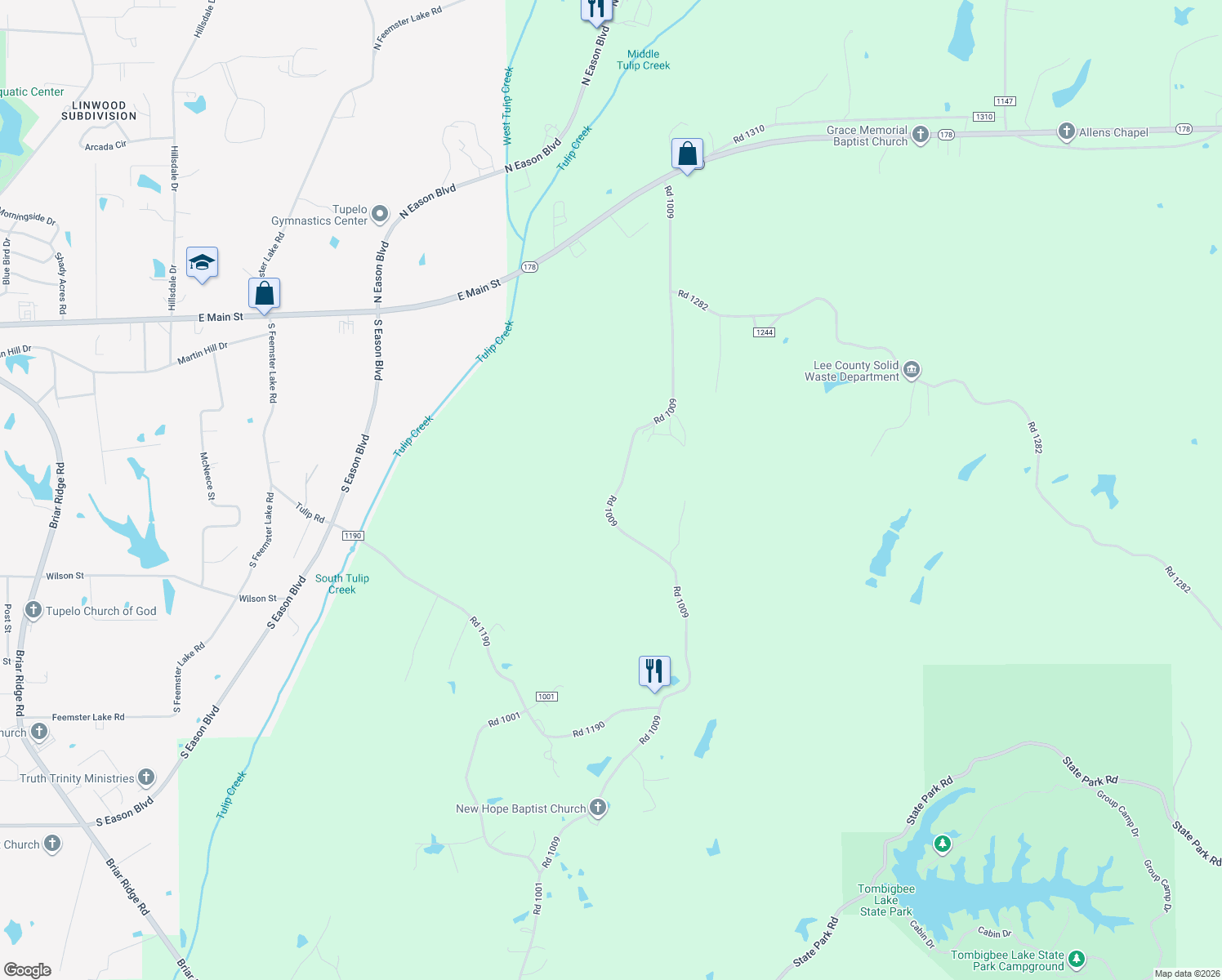 map of restaurants, bars, coffee shops, grocery stores, and more near 303 Road 1009 in Tupelo