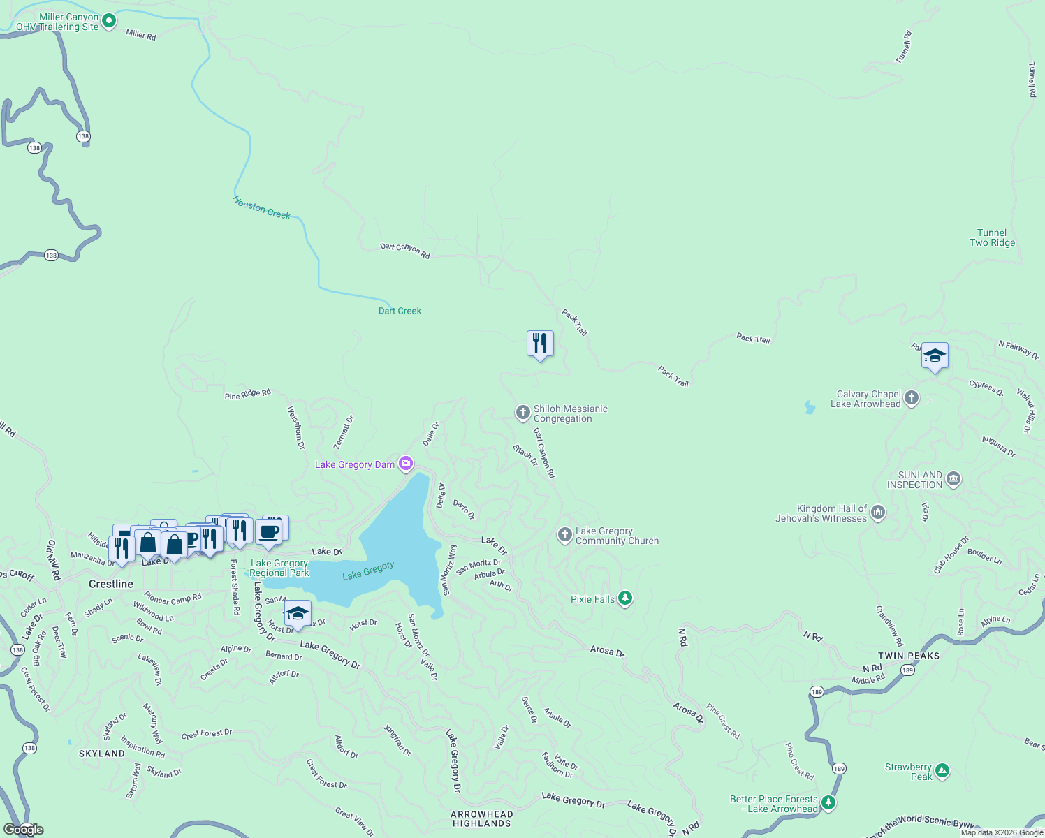 map of restaurants, bars, coffee shops, grocery stores, and more near Dart Canyon Road in Crestline
