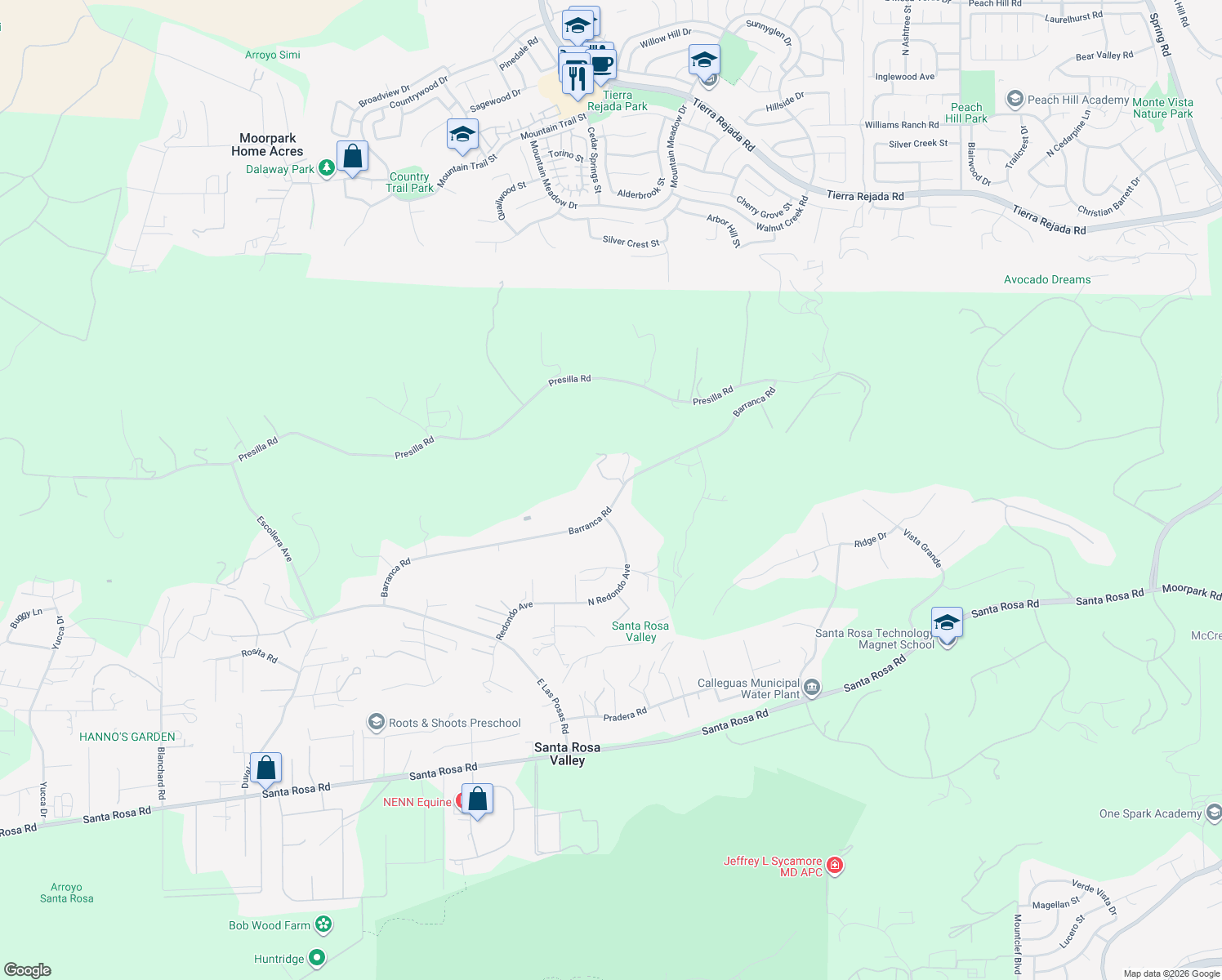 map of restaurants, bars, coffee shops, grocery stores, and more near 11923 Barranca Road in Santa Rosa Valley