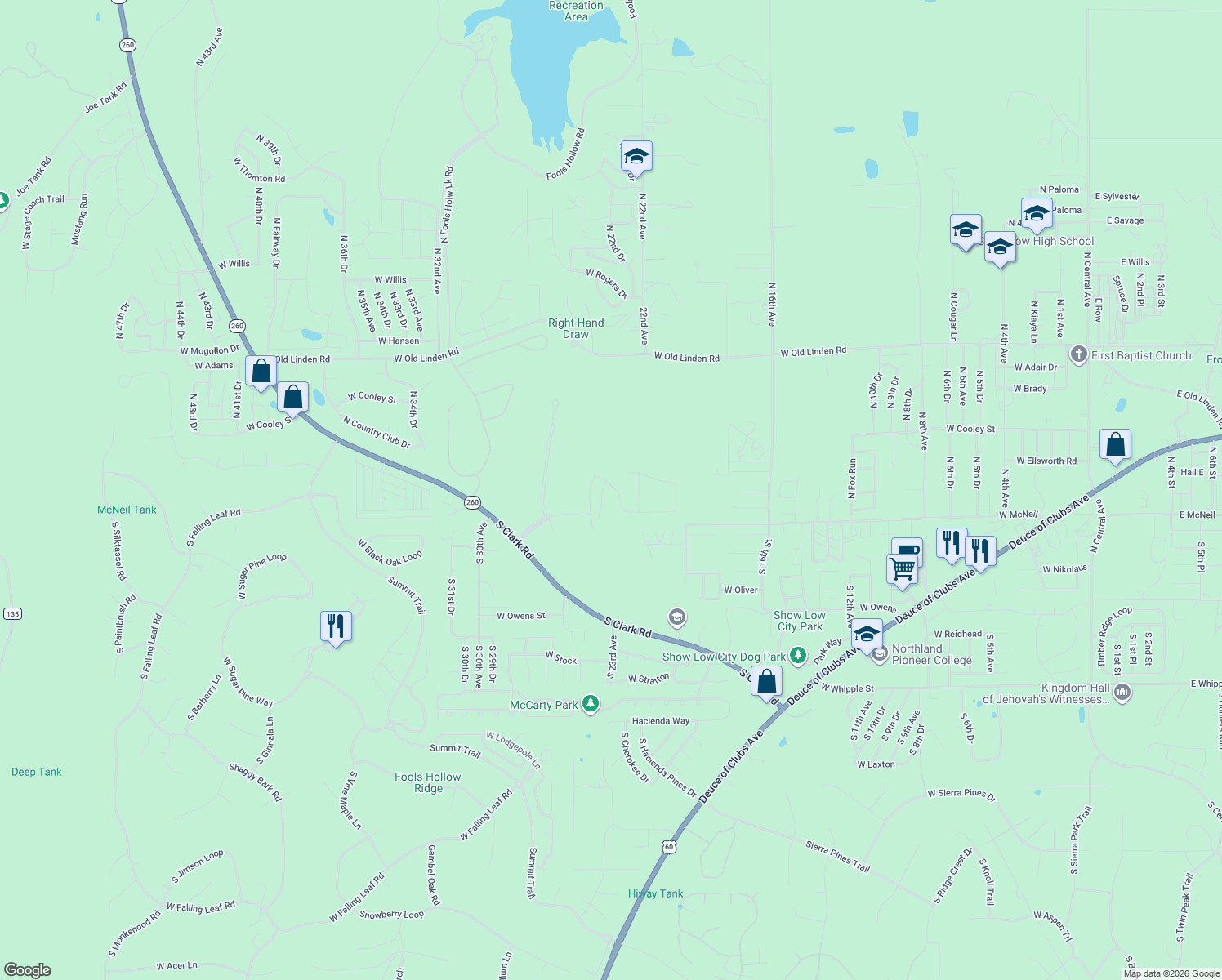 map of restaurants, bars, coffee shops, grocery stores, and more near 2301 West Bench Circle in Show Low