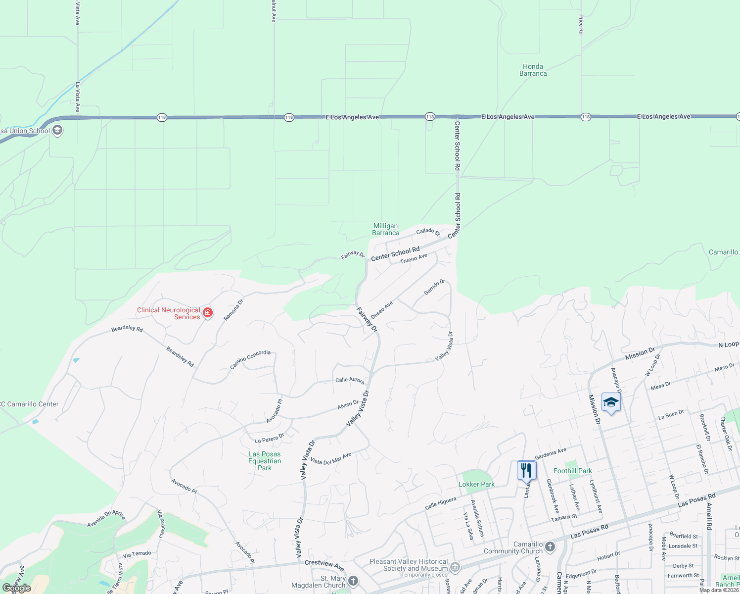 map of restaurants, bars, coffee shops, grocery stores, and more near 653 Grada Avenue in Camarillo