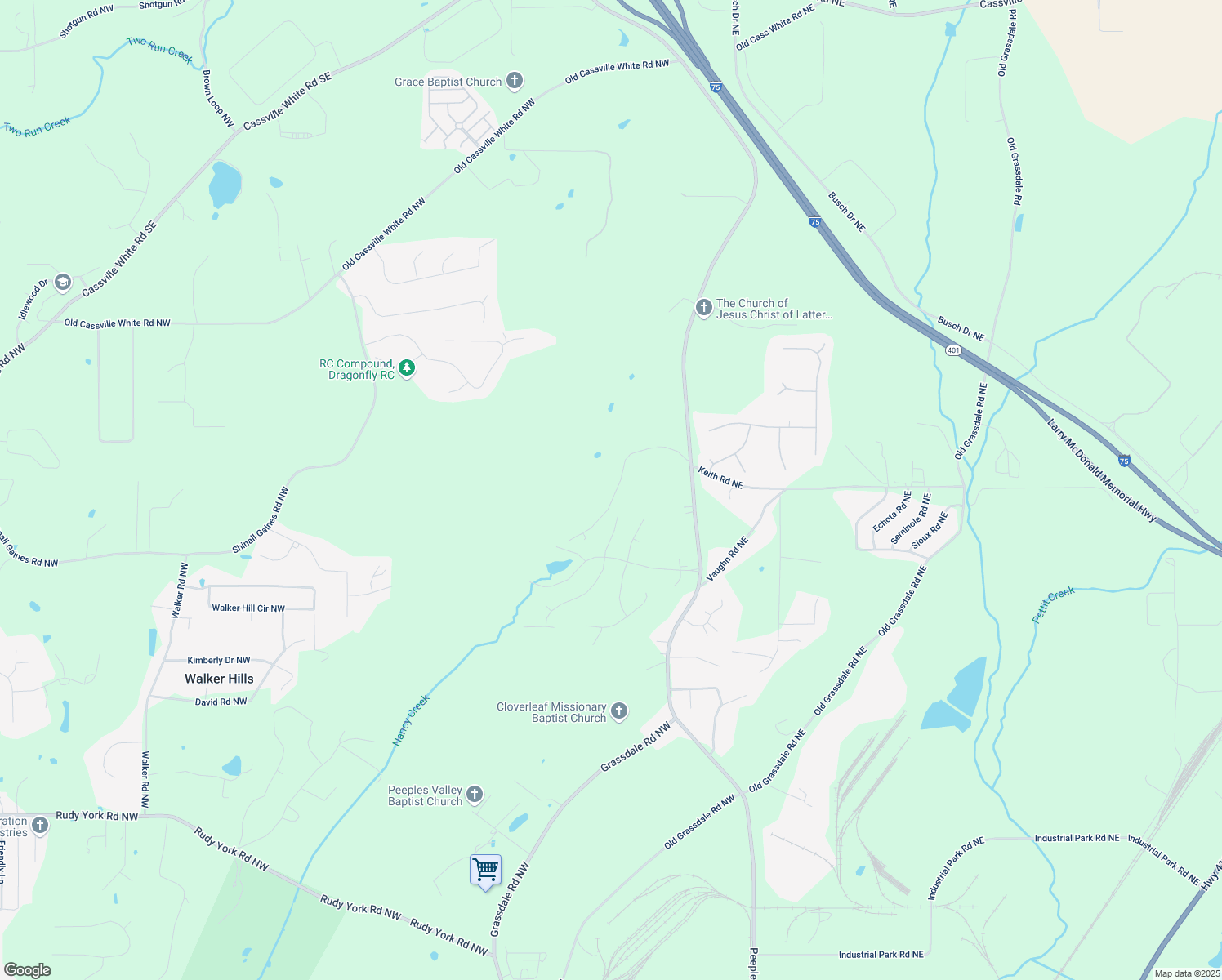 map of restaurants, bars, coffee shops, grocery stores, and more near 172 Camp Sunrise Road Northwest in Cartersville