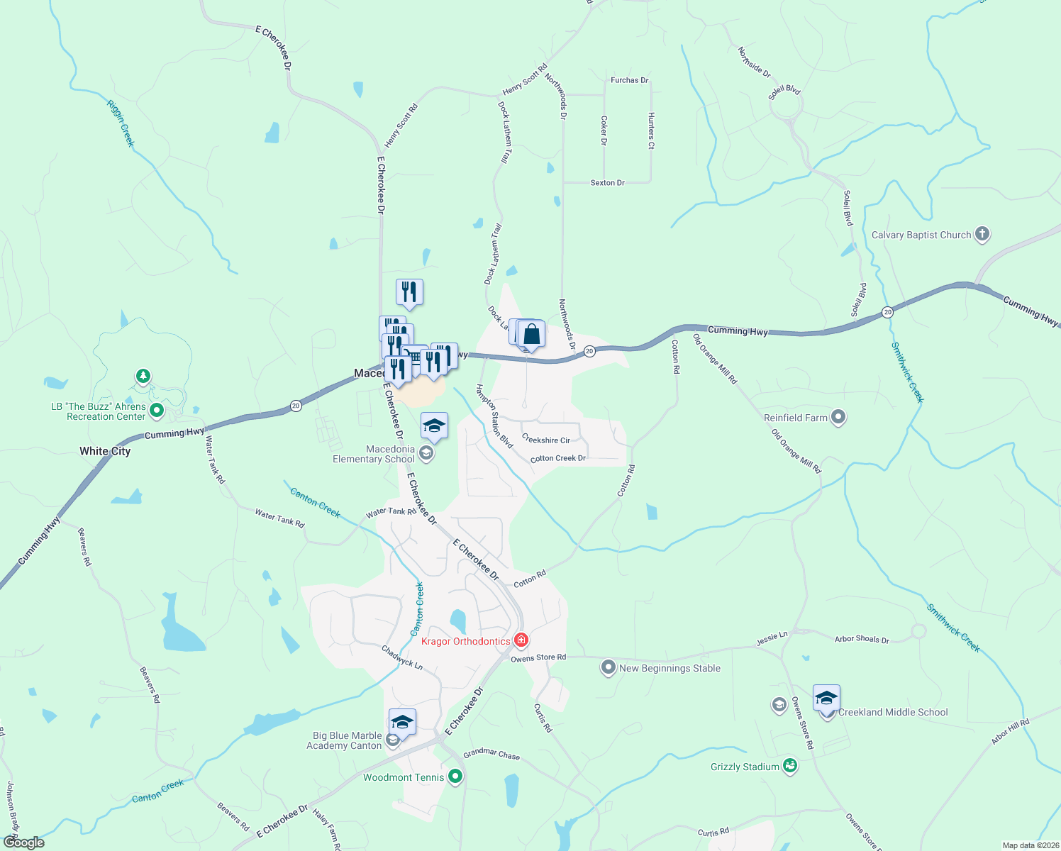 map of restaurants, bars, coffee shops, grocery stores, and more near 412 North Hampton Trail in Canton