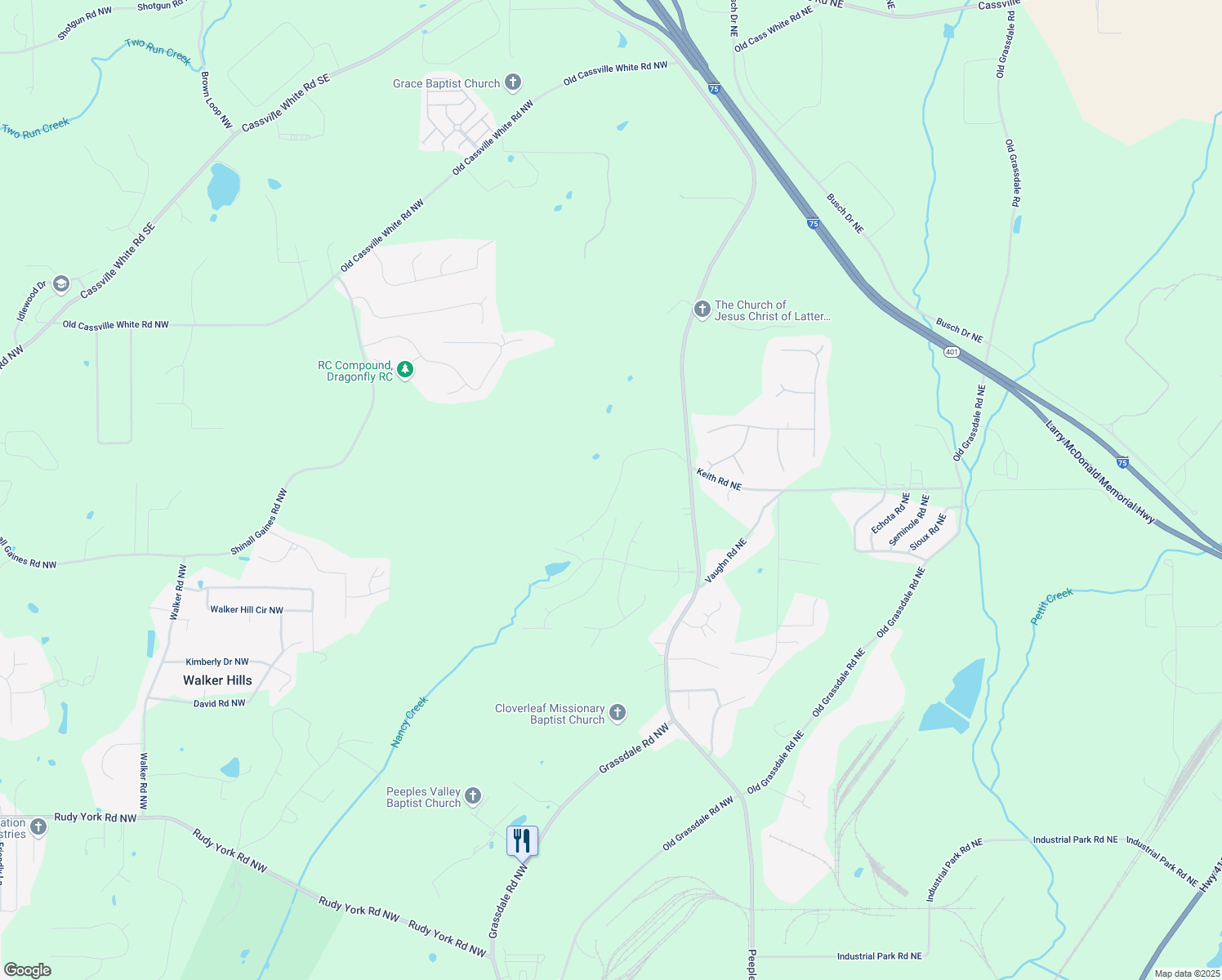map of restaurants, bars, coffee shops, grocery stores, and more near 172 Camp Sunrise Road Northwest in Cartersville