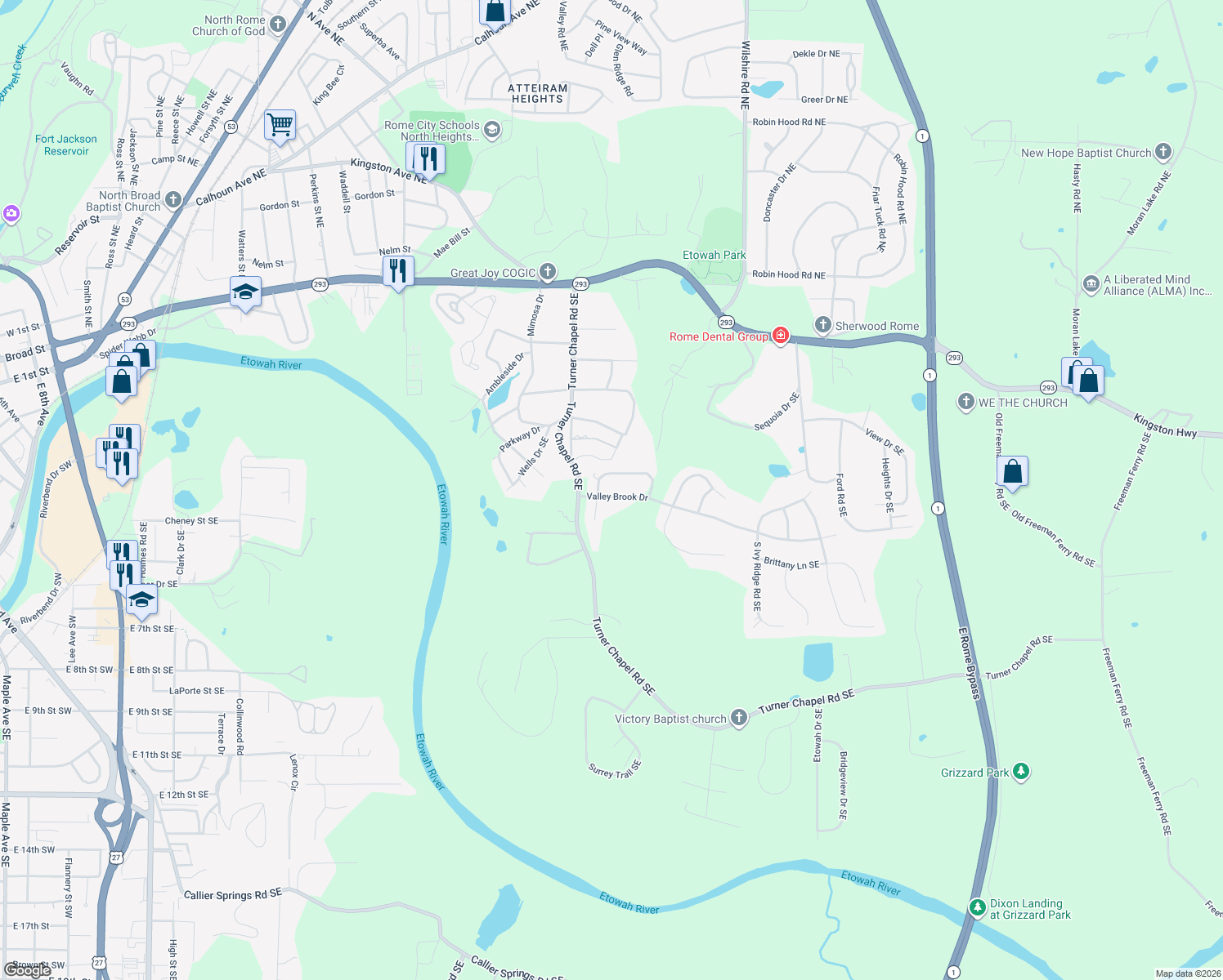 map of restaurants, bars, coffee shops, grocery stores, and more near 5 Valley Brook Drive in Rome