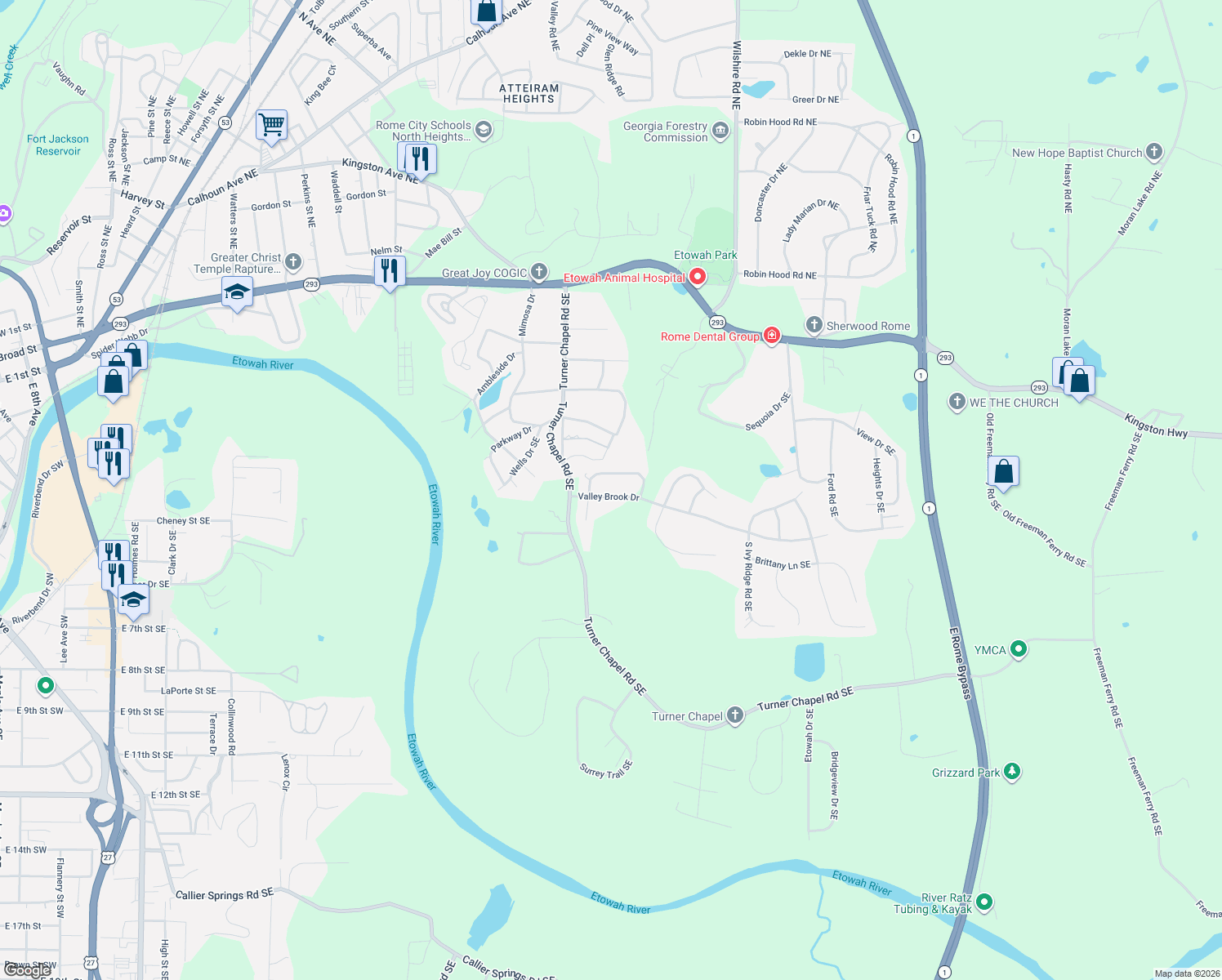 map of restaurants, bars, coffee shops, grocery stores, and more near 5 Valley Brook Drive in Rome