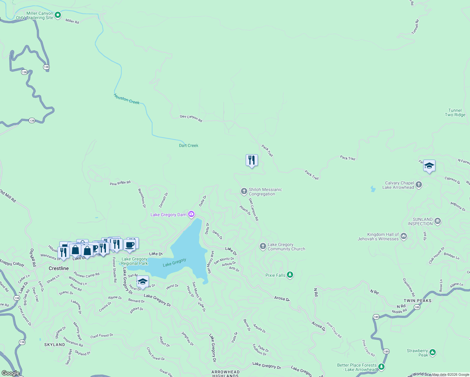 map of restaurants, bars, coffee shops, grocery stores, and more near 24880 Edelweiss Drive in Lake Arrowhead