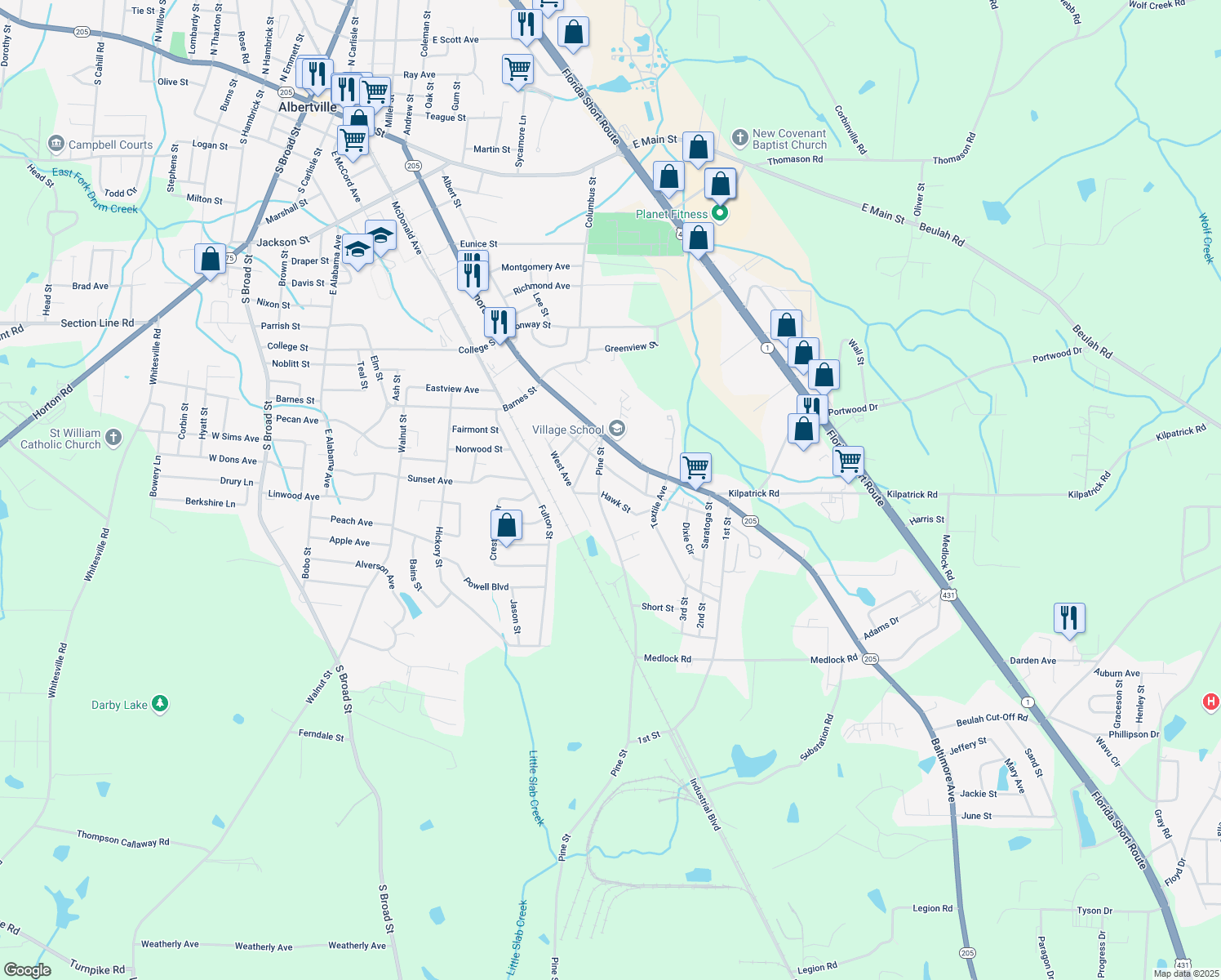 map of restaurants, bars, coffee shops, grocery stores, and more near 906 Hawk St in Albertville