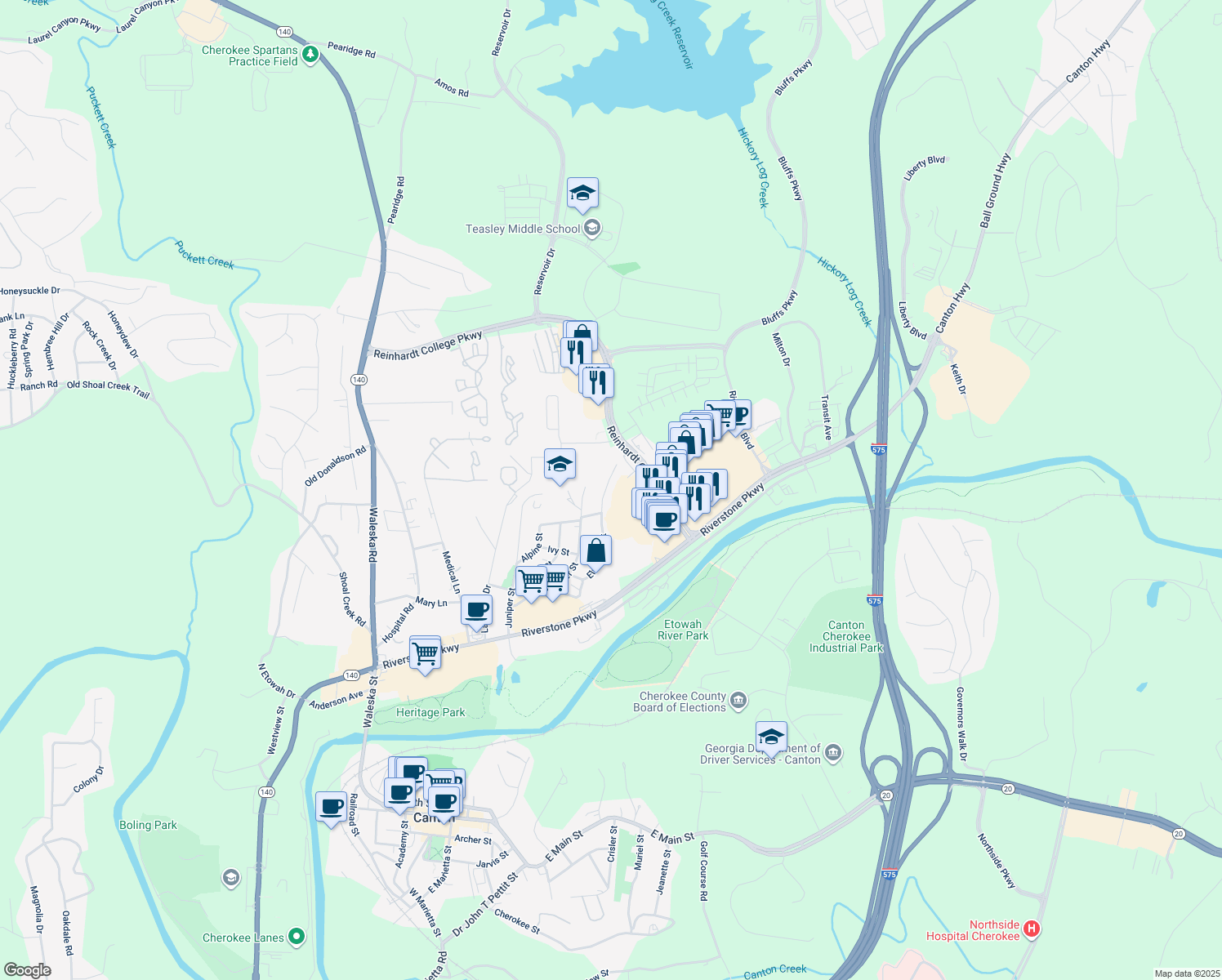 map of restaurants, bars, coffee shops, grocery stores, and more near 638 Elmwood Street in Canton