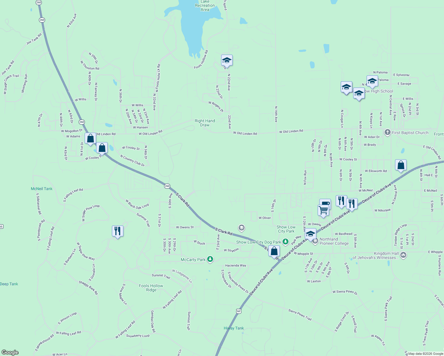 map of restaurants, bars, coffee shops, grocery stores, and more near 2301 West Bench Circle in Show Low