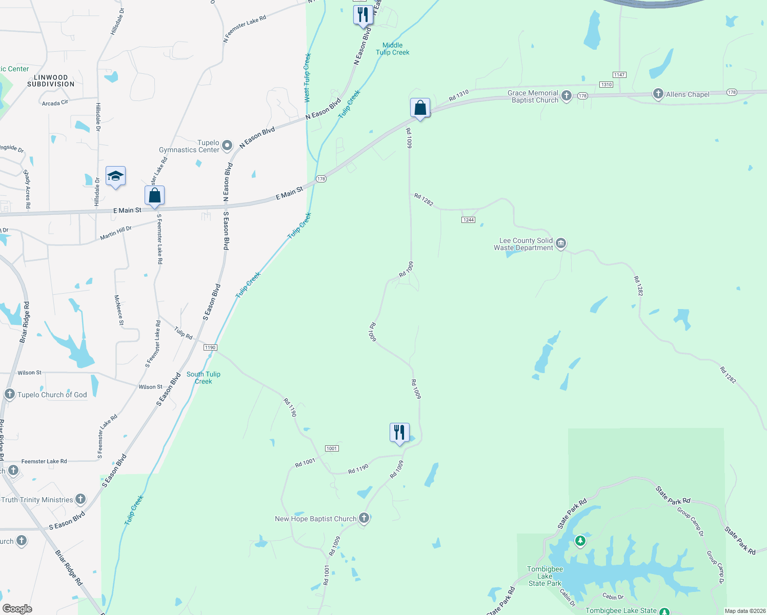 map of restaurants, bars, coffee shops, grocery stores, and more near 303-309 Road 1009 in Tupelo