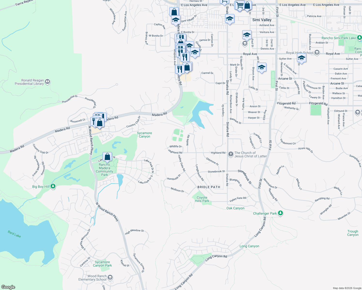 map of restaurants, bars, coffee shops, grocery stores, and more near 107 Wildlife Drive in Simi Valley