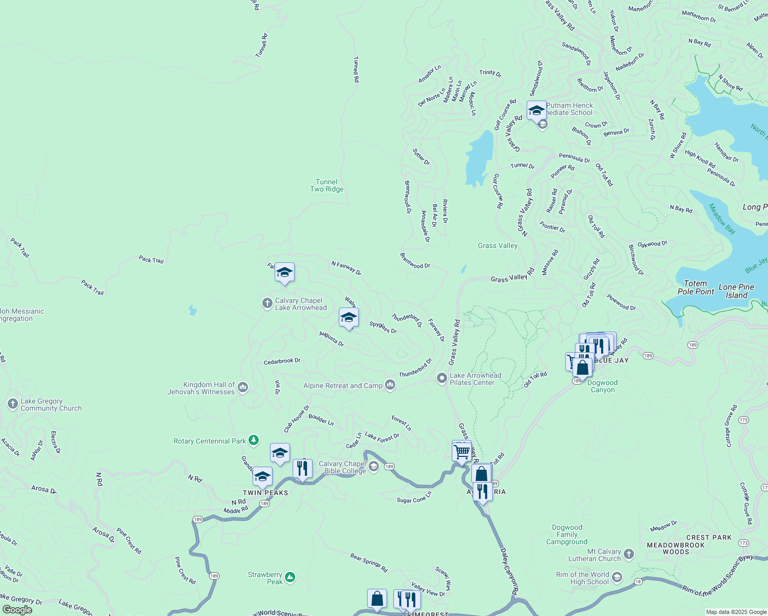 map of restaurants, bars, coffee shops, grocery stores, and more near 129 Saint Andrews Drive in Crestline
