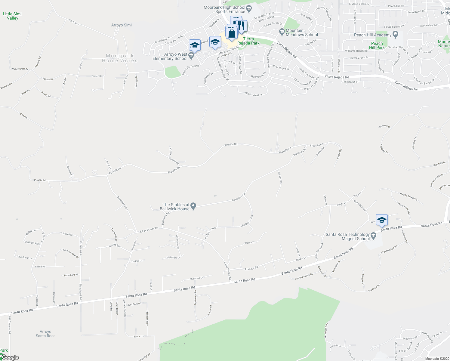 map of restaurants, bars, coffee shops, grocery stores, and more near 11755 Barranca Road in Ventura County