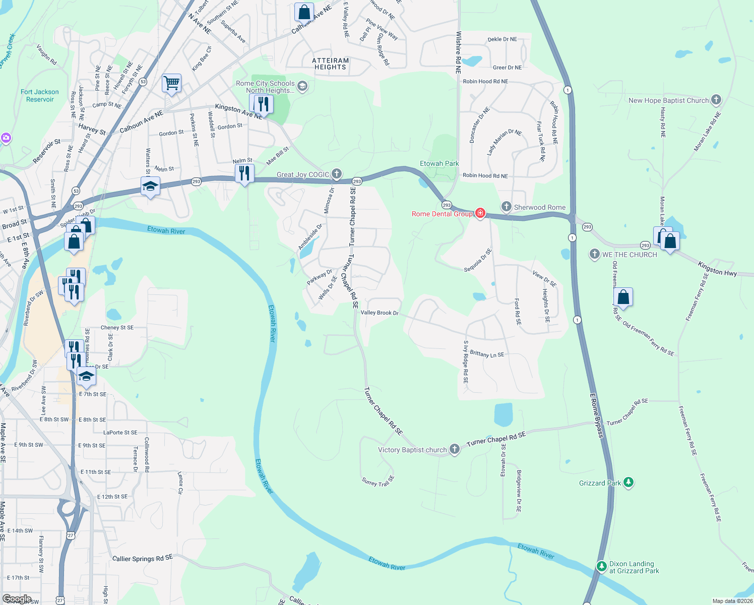 map of restaurants, bars, coffee shops, grocery stores, and more near 5 Valley Brook Drive in Rome
