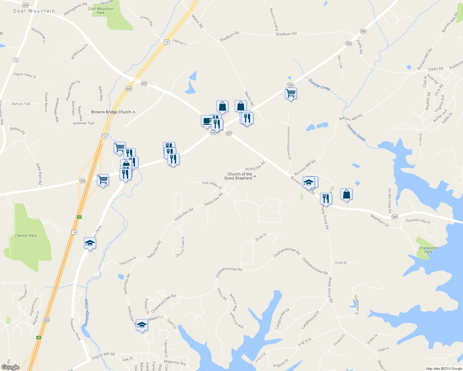 map of restaurants, bars, coffee shops, grocery stores, and more near 3735 Tree Shade Way in Cumming