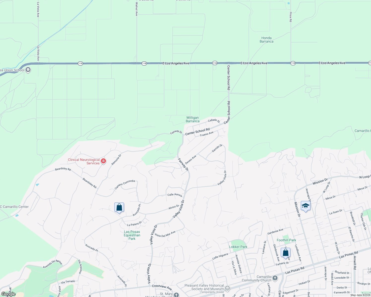 map of restaurants, bars, coffee shops, grocery stores, and more near 653 Grada Avenue in Camarillo