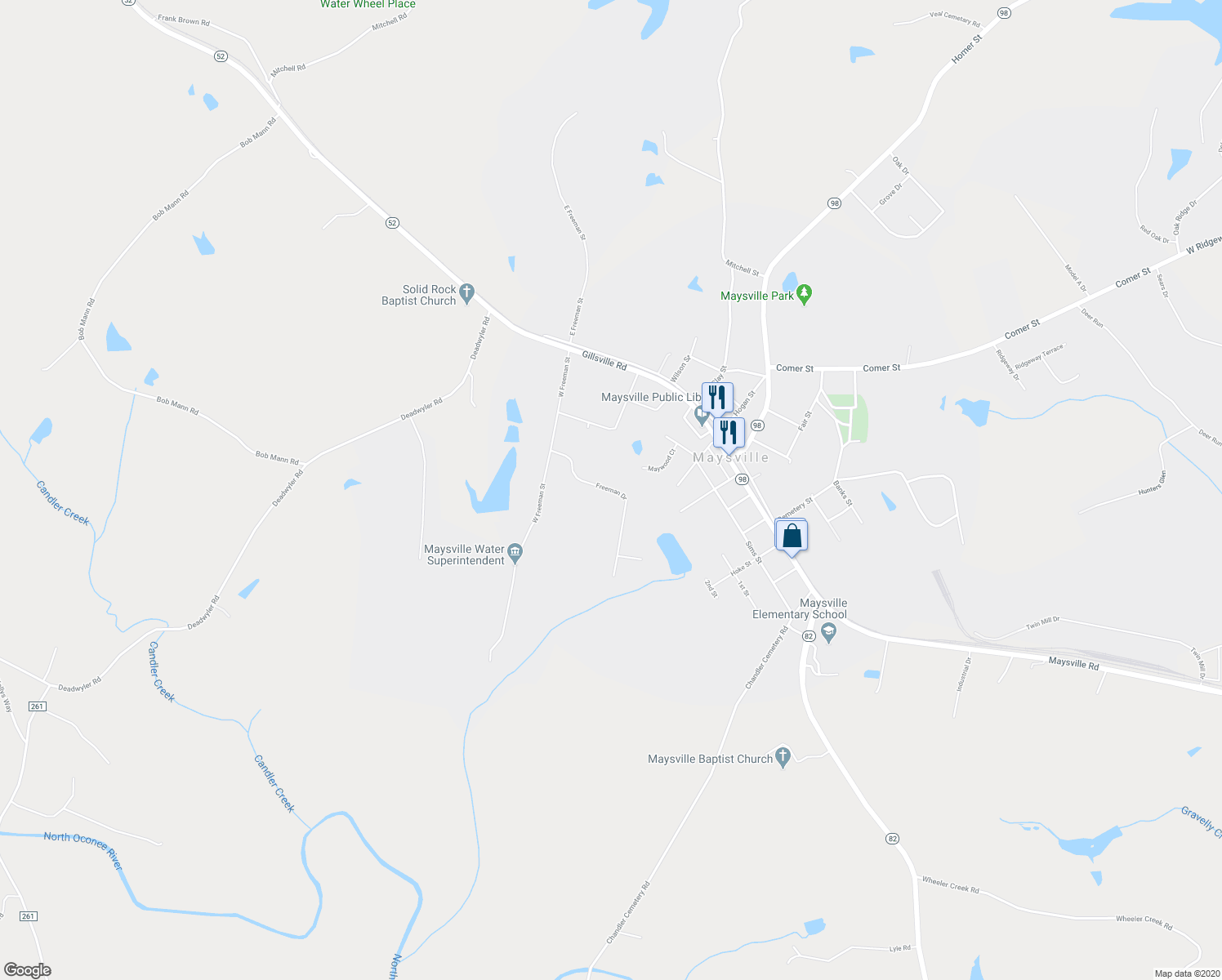 map of restaurants, bars, coffee shops, grocery stores, and more near 449 Freeman Drive in Maysville