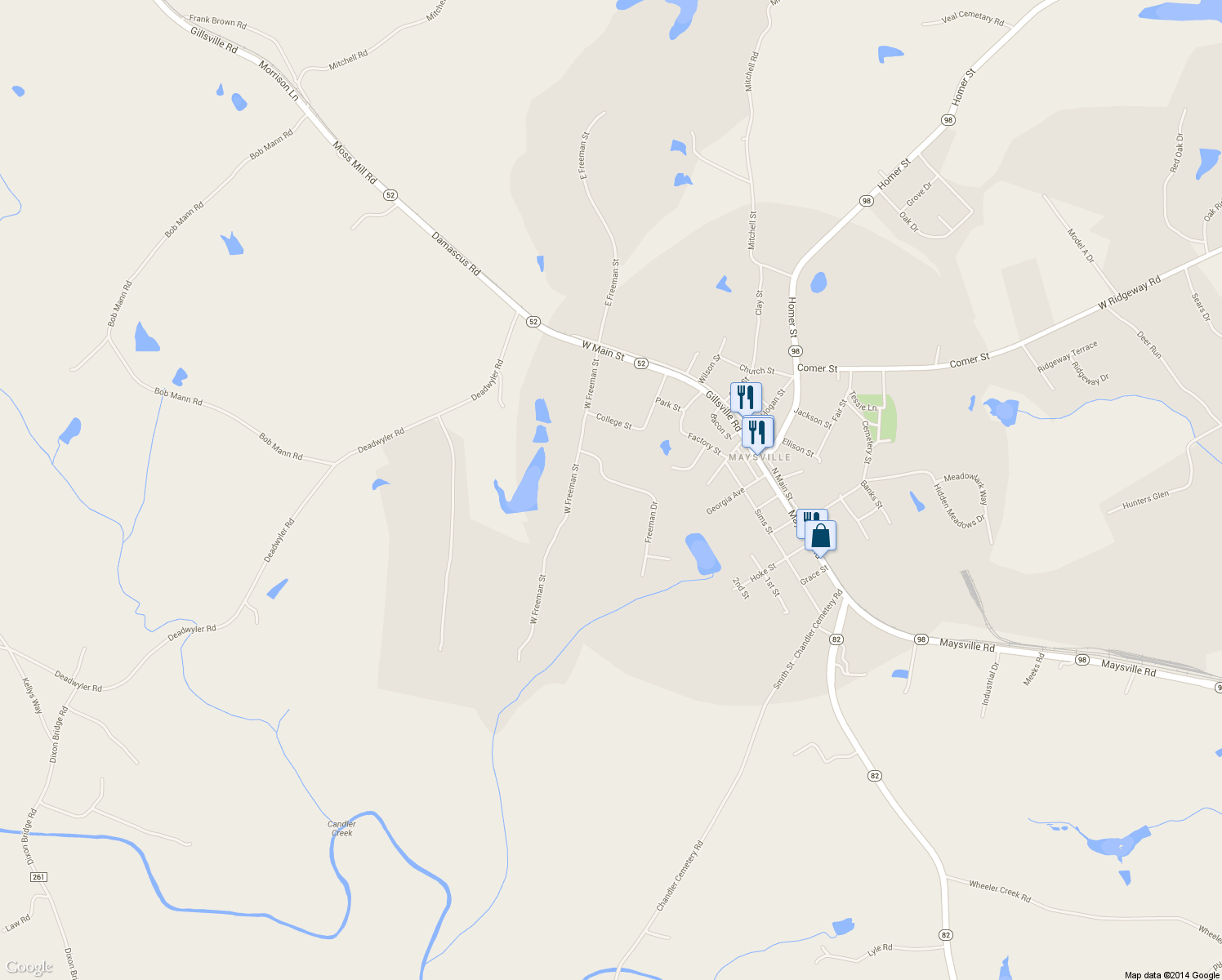 map of restaurants, bars, coffee shops, grocery stores, and more near 148 Freeman Drive in Maysville