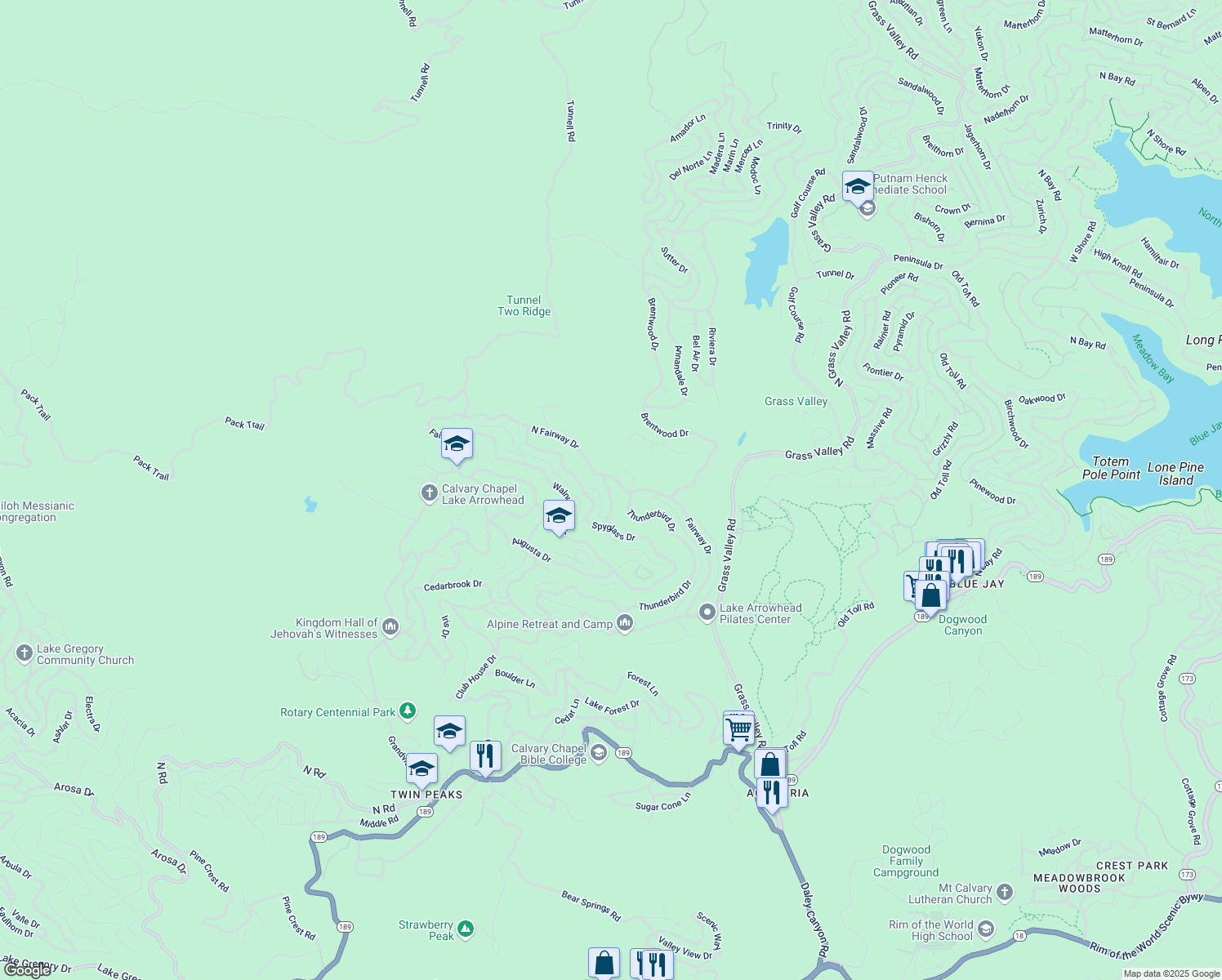map of restaurants, bars, coffee shops, grocery stores, and more near 129 Saint Andrews Drive in Crestline