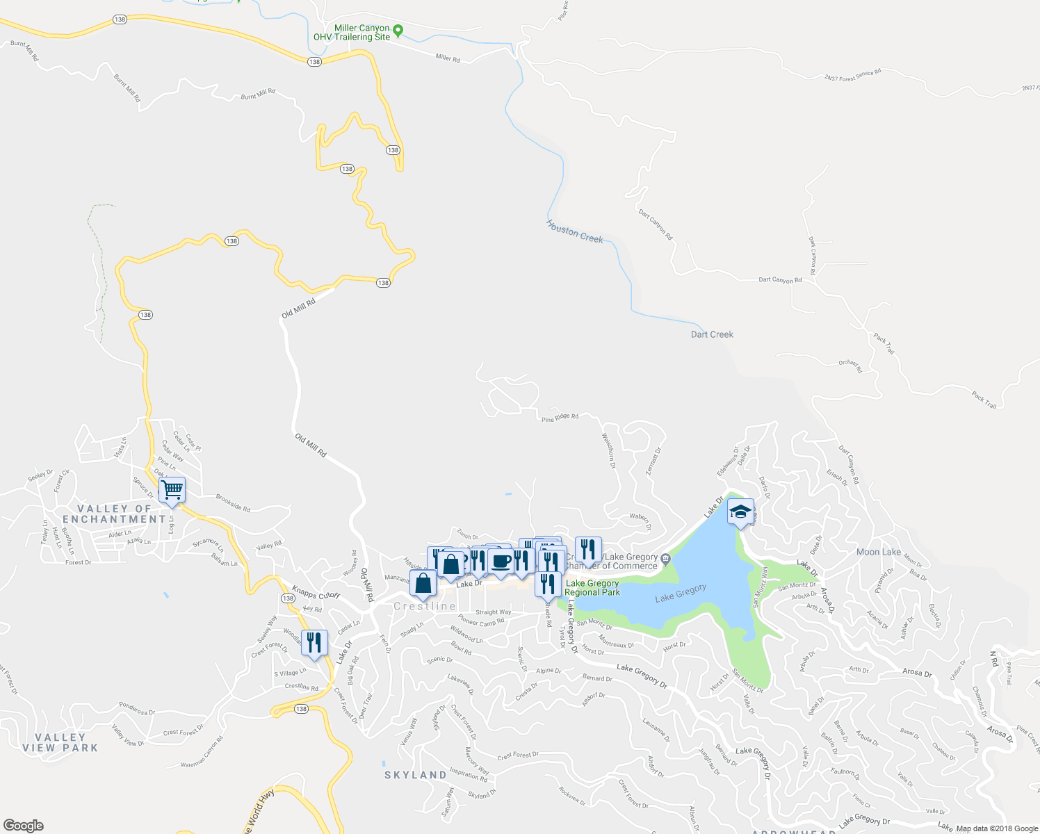 map of restaurants, bars, coffee shops, grocery stores, and more near 116 Pine Ridge Road in Crestline