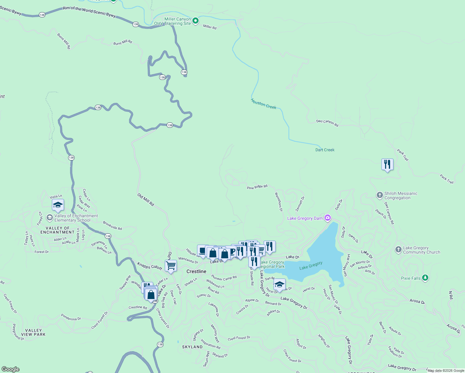 map of restaurants, bars, coffee shops, grocery stores, and more near 124 Pine Ridge Road in Crestline
