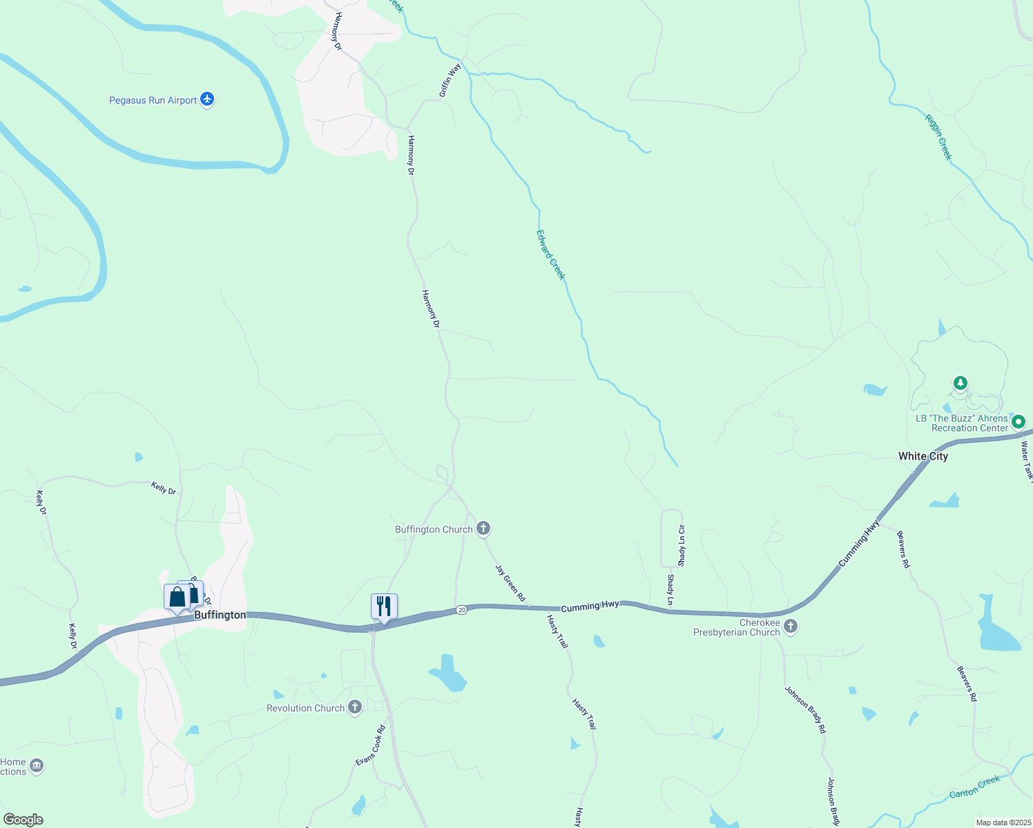 map of restaurants, bars, coffee shops, grocery stores, and more near 121 Harmony Oaks Trail in Canton