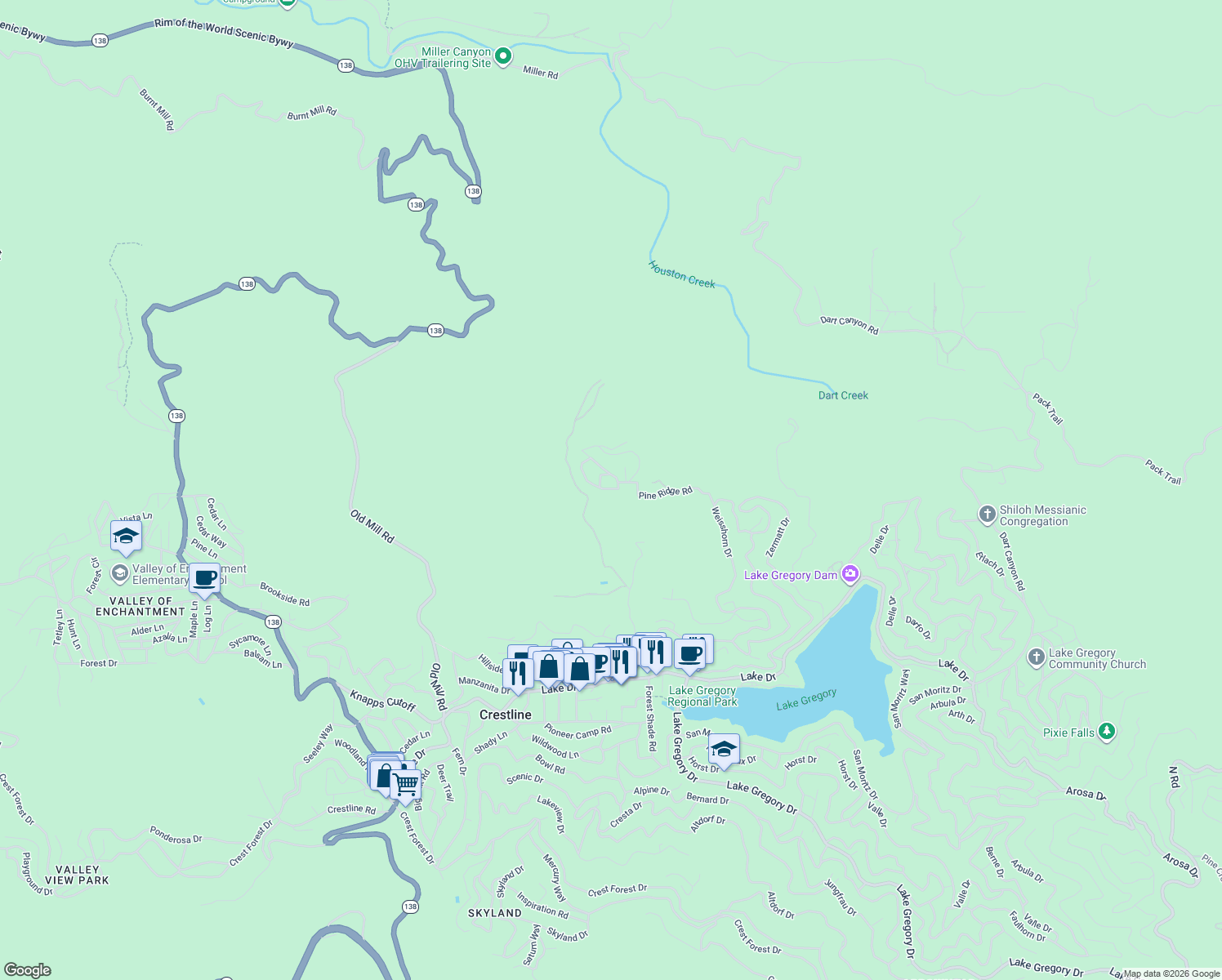 map of restaurants, bars, coffee shops, grocery stores, and more near 124 Pine Ridge Road in Crestline