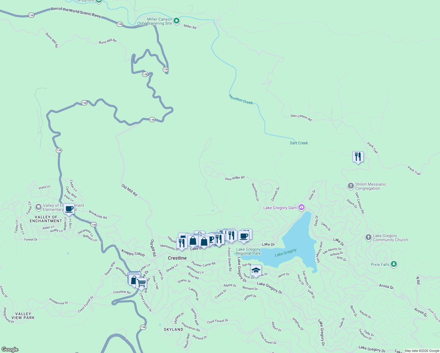map of restaurants, bars, coffee shops, grocery stores, and more near 116 Pine Ridge Road in Crestline